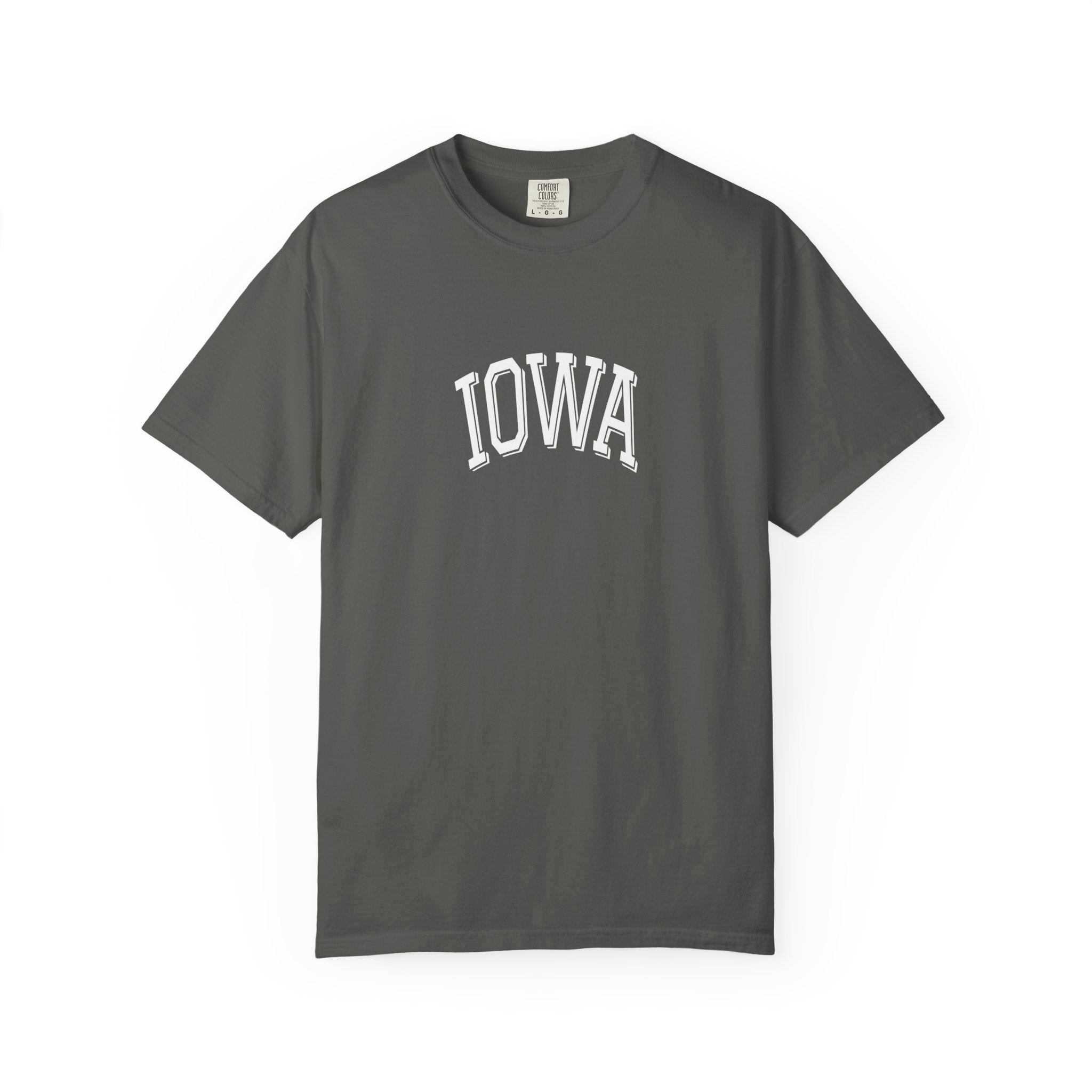 Pepper Gray t-shirt with 'IOWA' printed on it against a white background