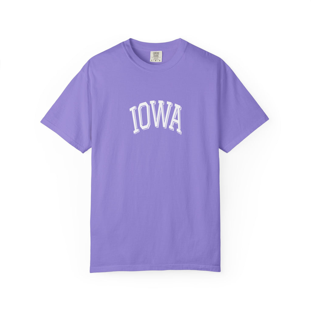 Violet t-shirt with 'Iowa' printed on it against a white background