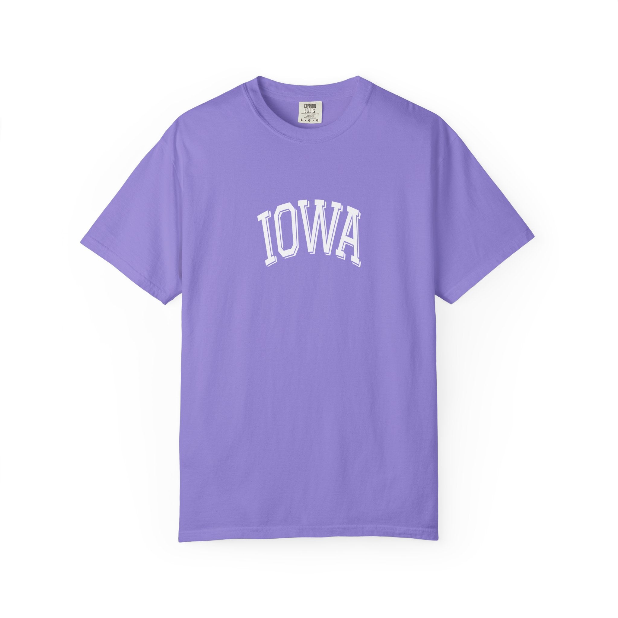Violet t-shirt with 'Iowa' printed on it against a white background
