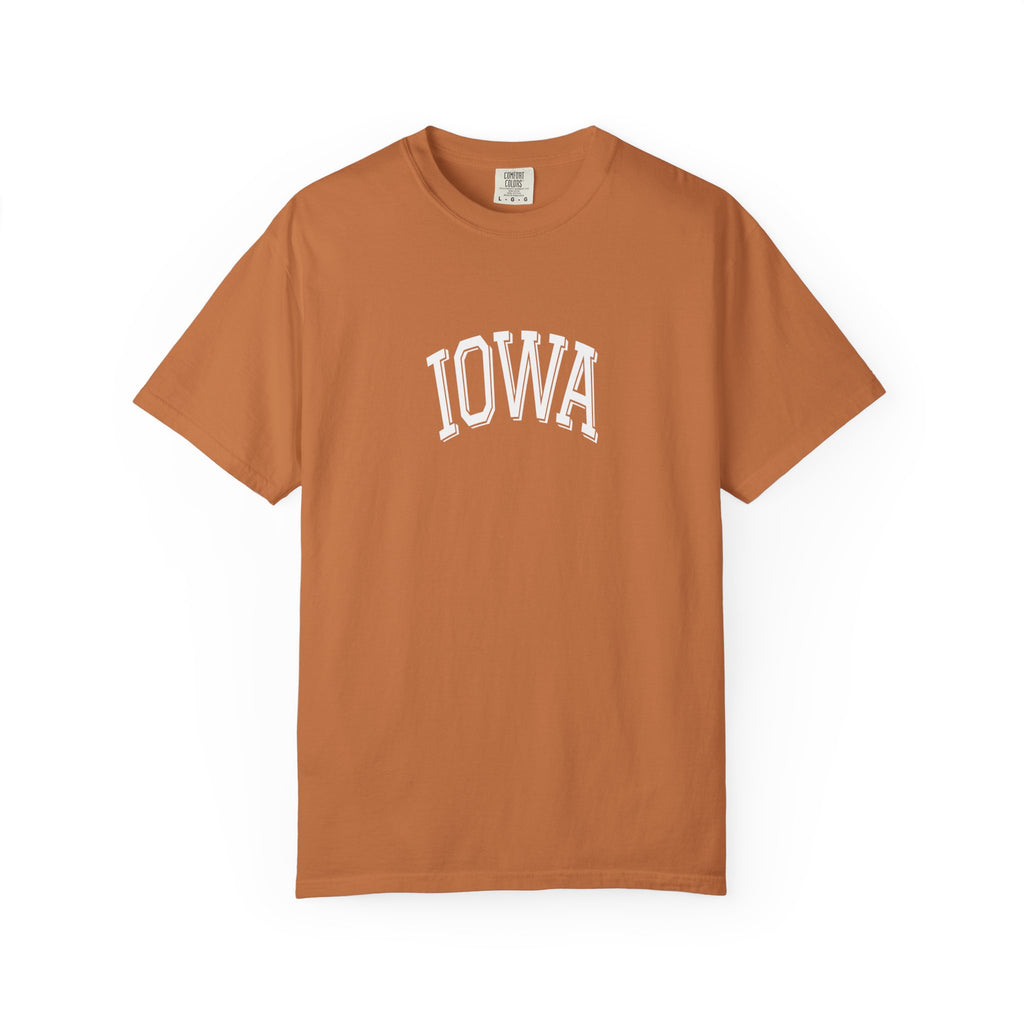 Soft Orange t-shirt in color Yam with 'Iowa' printed on it against a white background