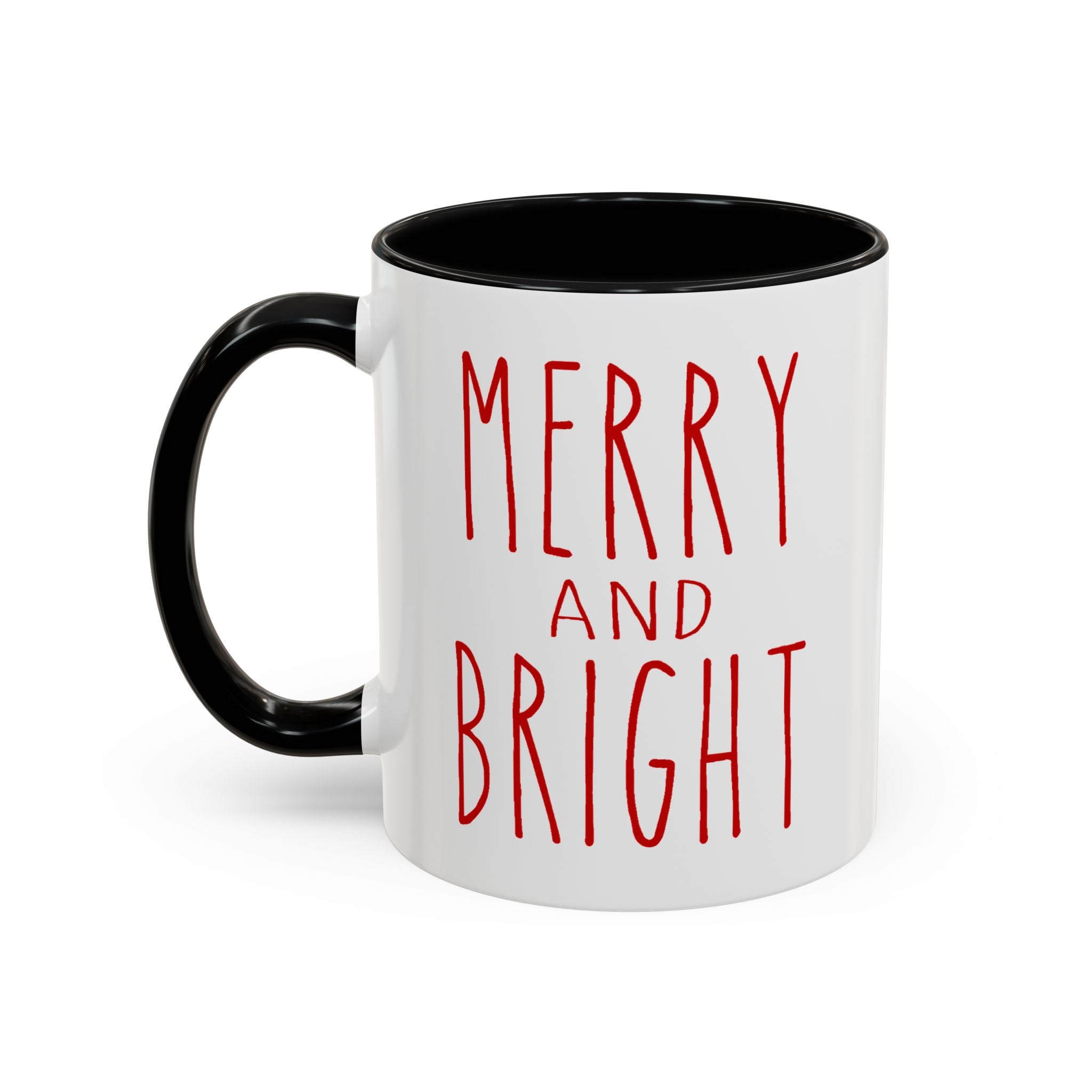 White mug with black handle and red text 'MERRY AND BRIGHT' on a white background 11 oz