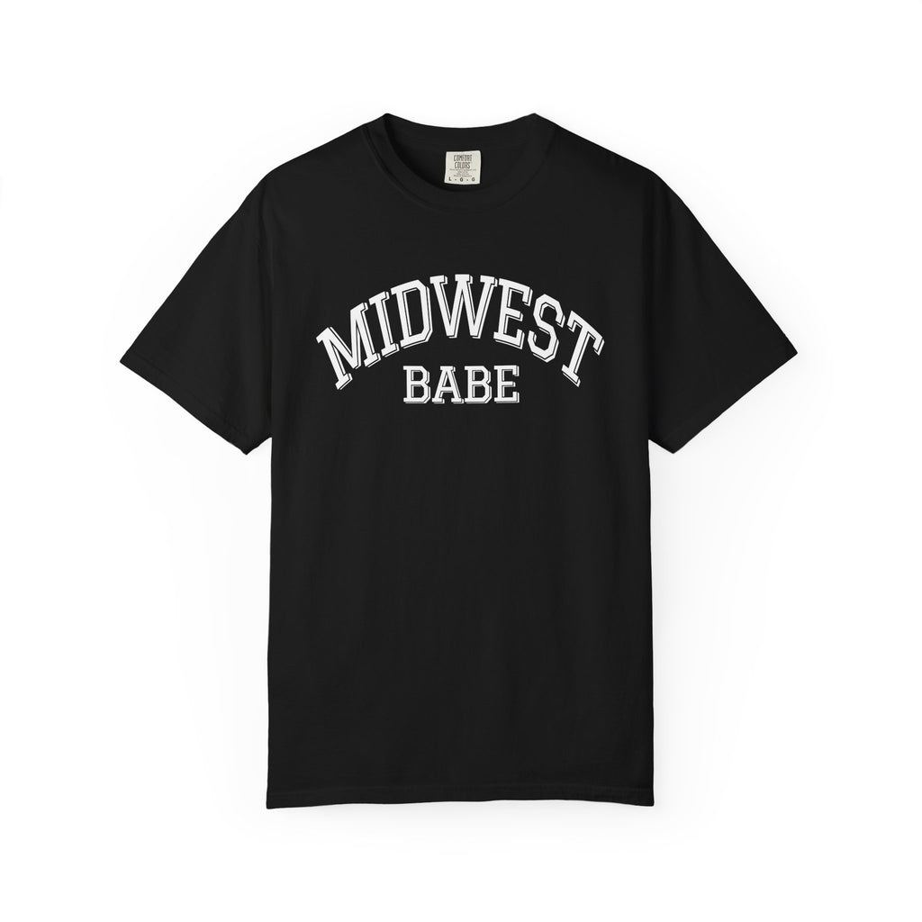 Black t-shirt with 'MIDWEST BABE' text on a white background