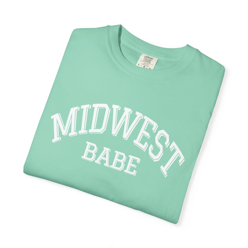 Folded Island Reef mint green t-shirt with 'MIDWEST BABE' text on a white background
