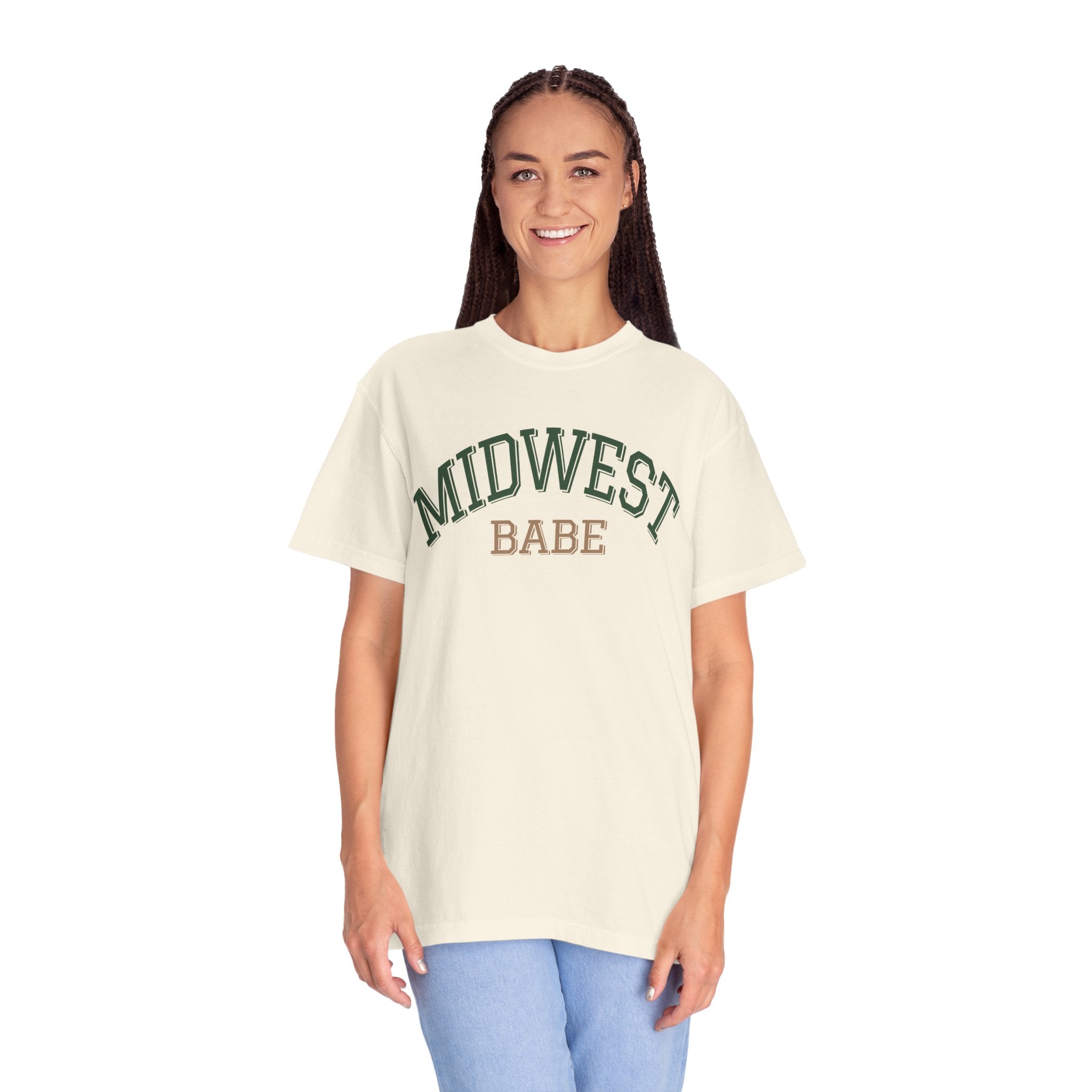 Woman wearing an Ivory t-shirt with 'Midwest Babe' text on a white background