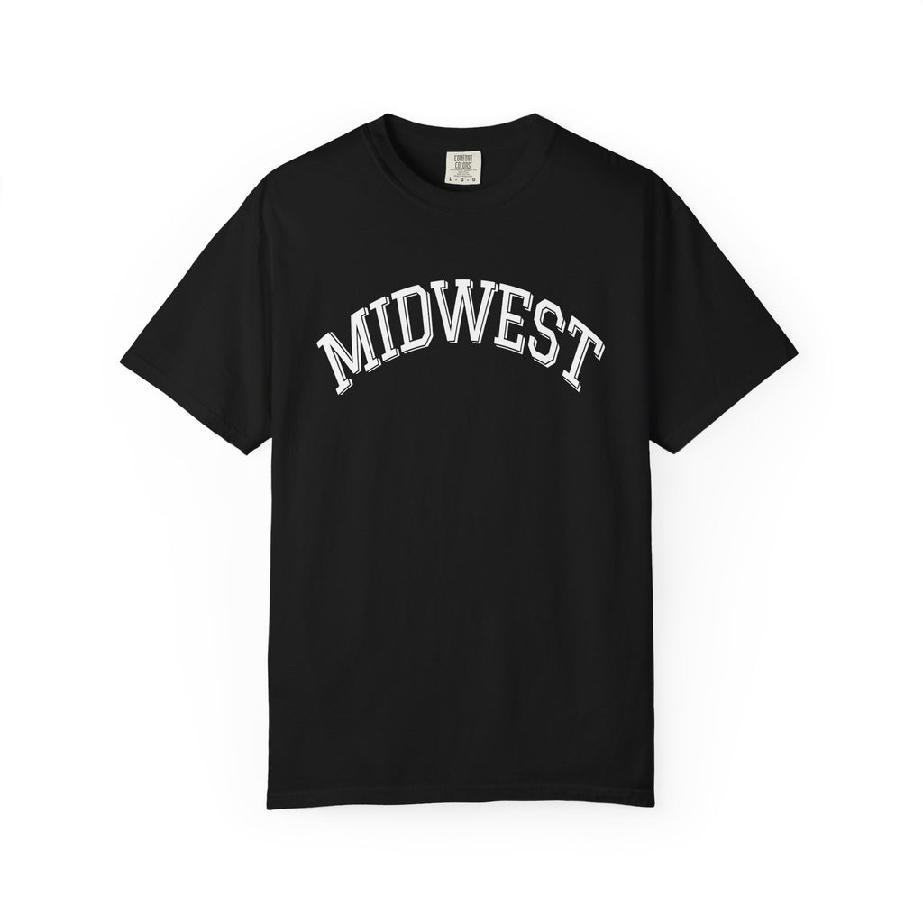 Black vintage style t-shirt with 'MIDWEST' printed on it against a white background