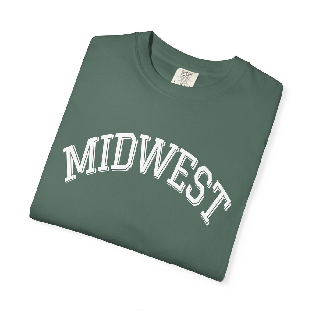 Folded Blue spruce green t-shirt with 'MIDWEST' text on a white background