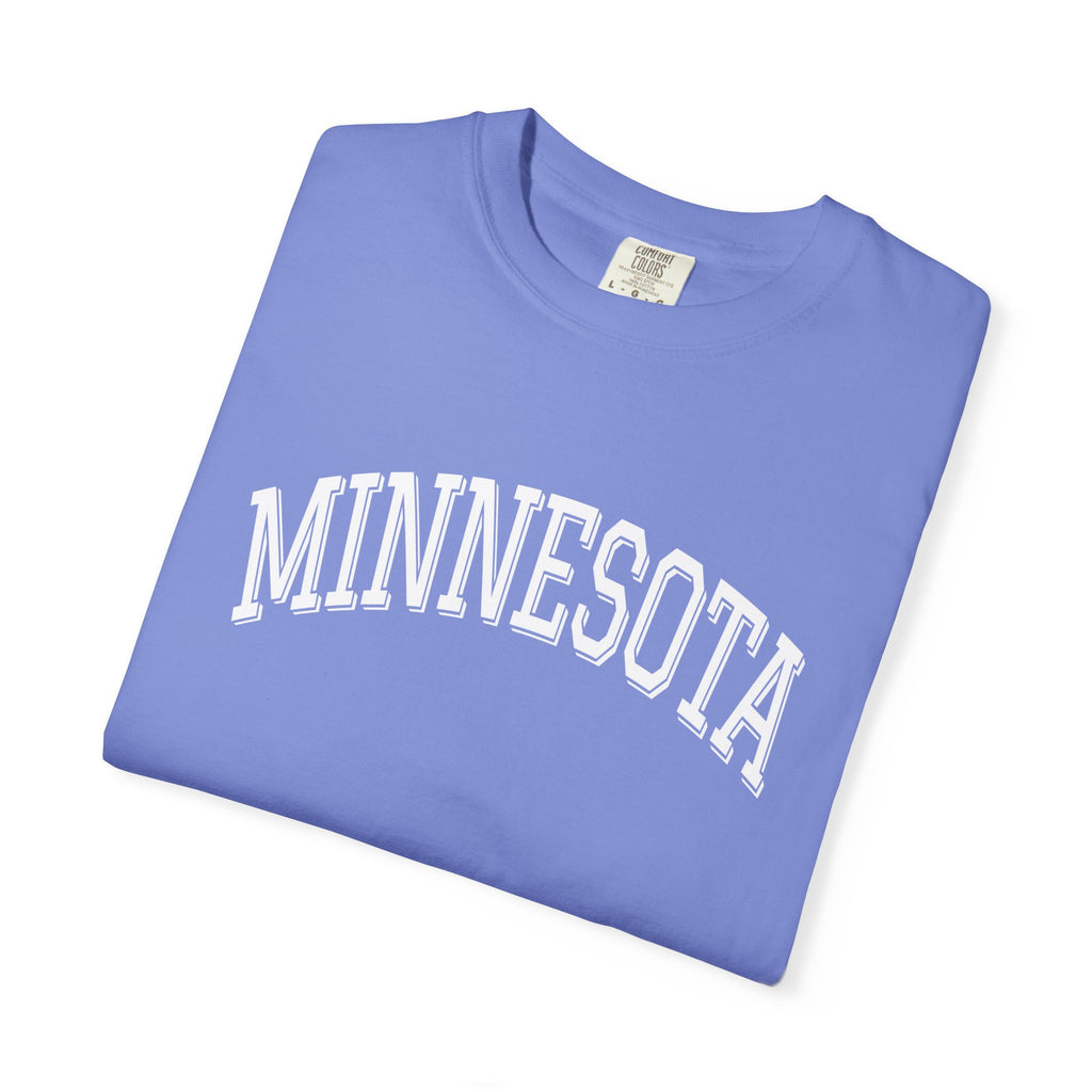 Comfort Colors  Flo Blue t-shirt with 'MINNESOTA' text on a white background