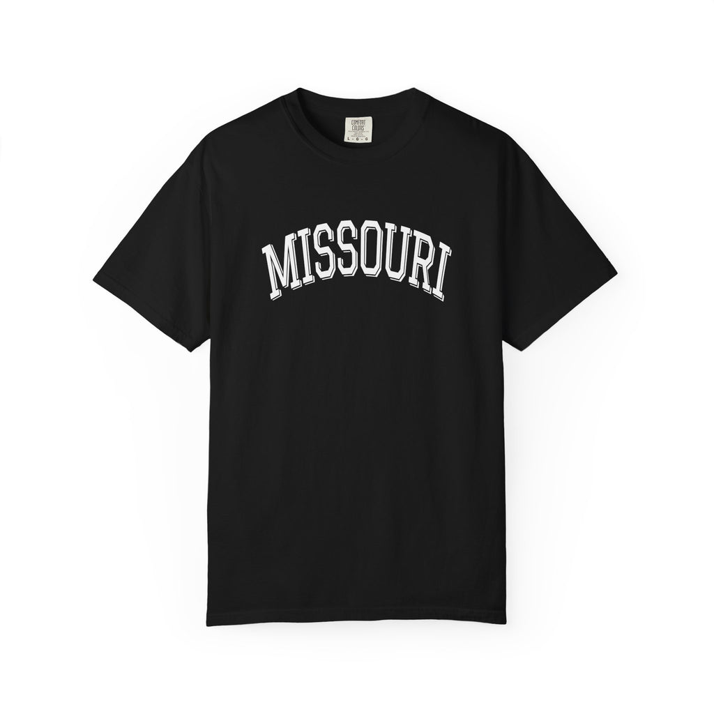 Black t-shirt with 'MISSOURI' printed on a white background