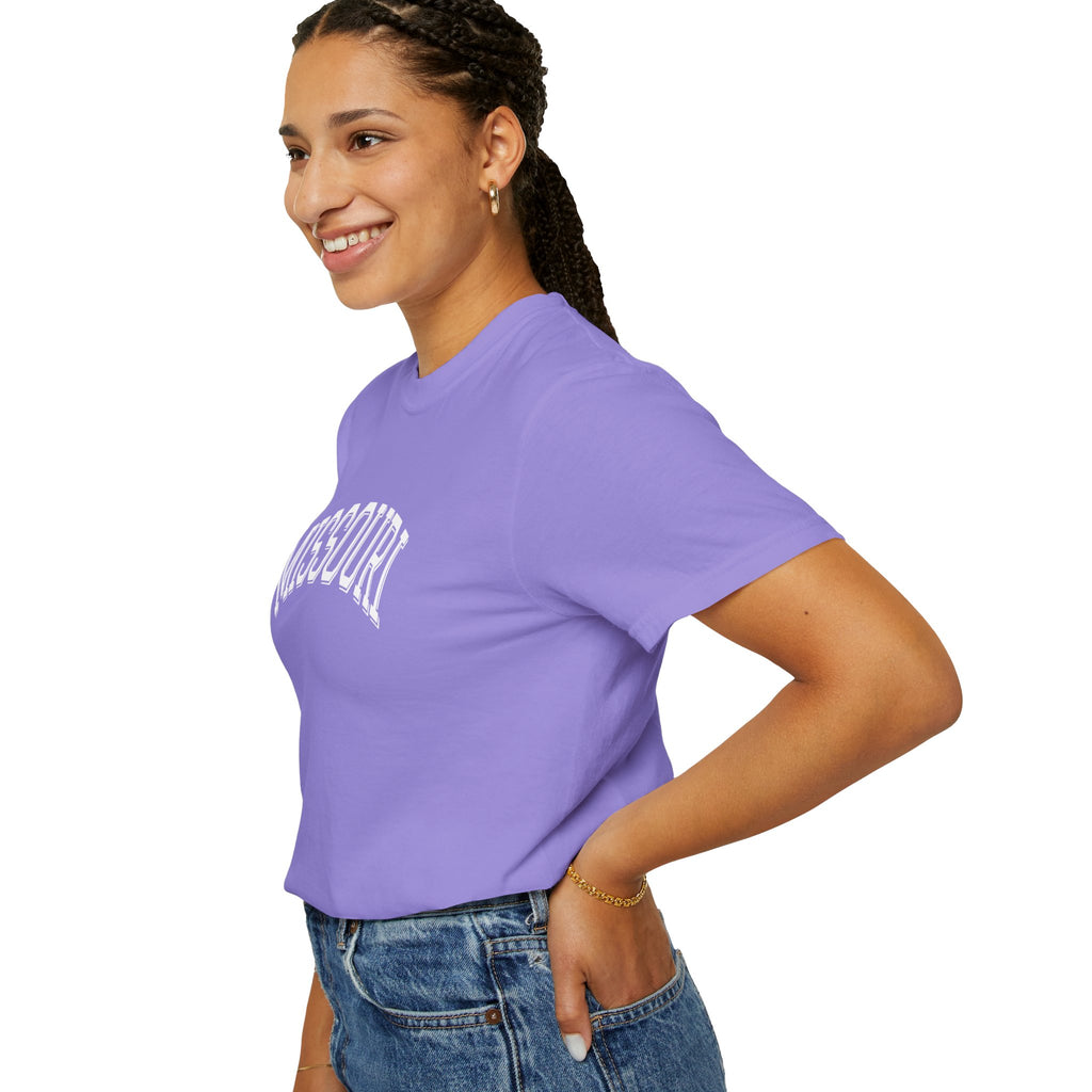 Woman wearing a Violet t-shirt with text on a white background