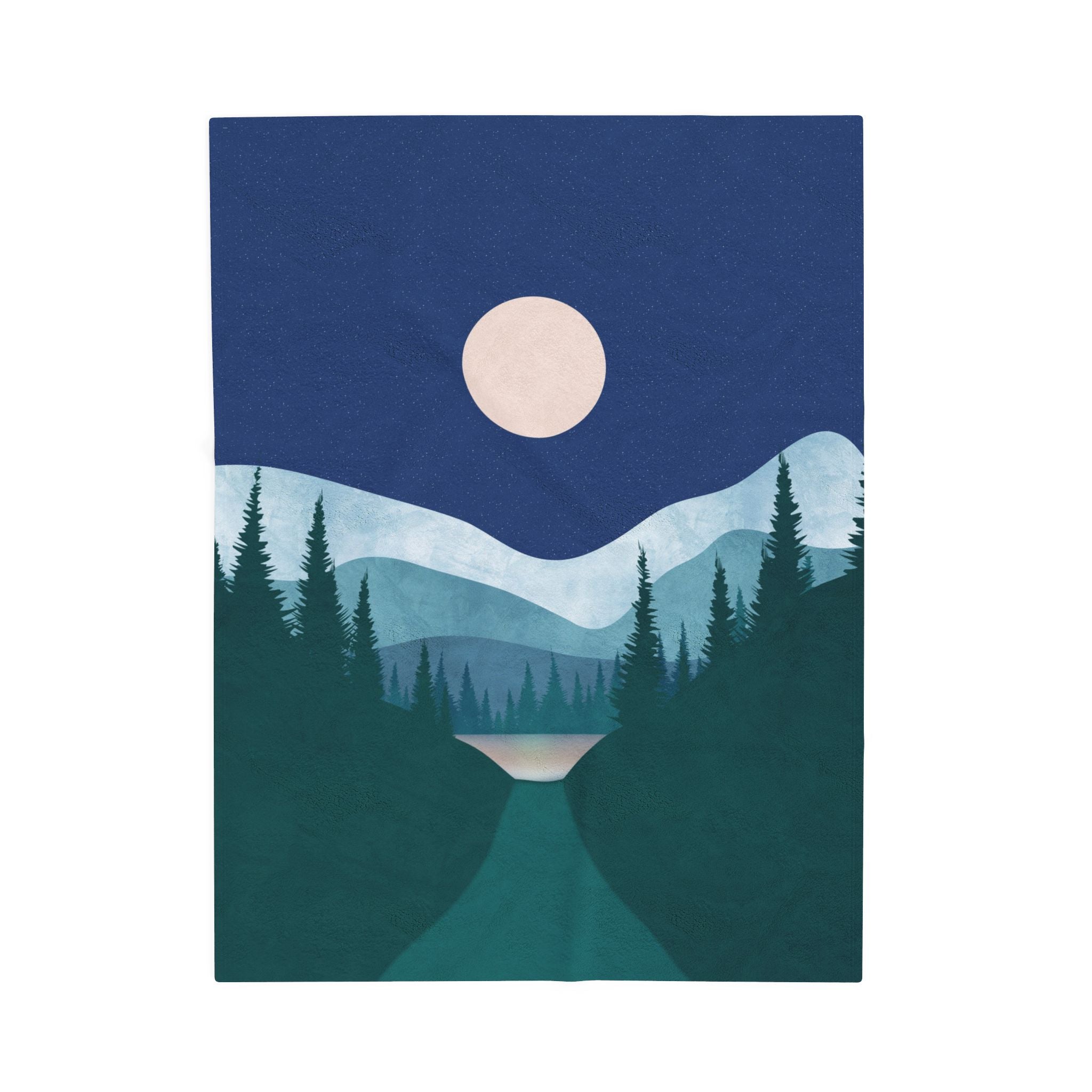 Mountain landscape with trees and a moonlit sky on a blue background