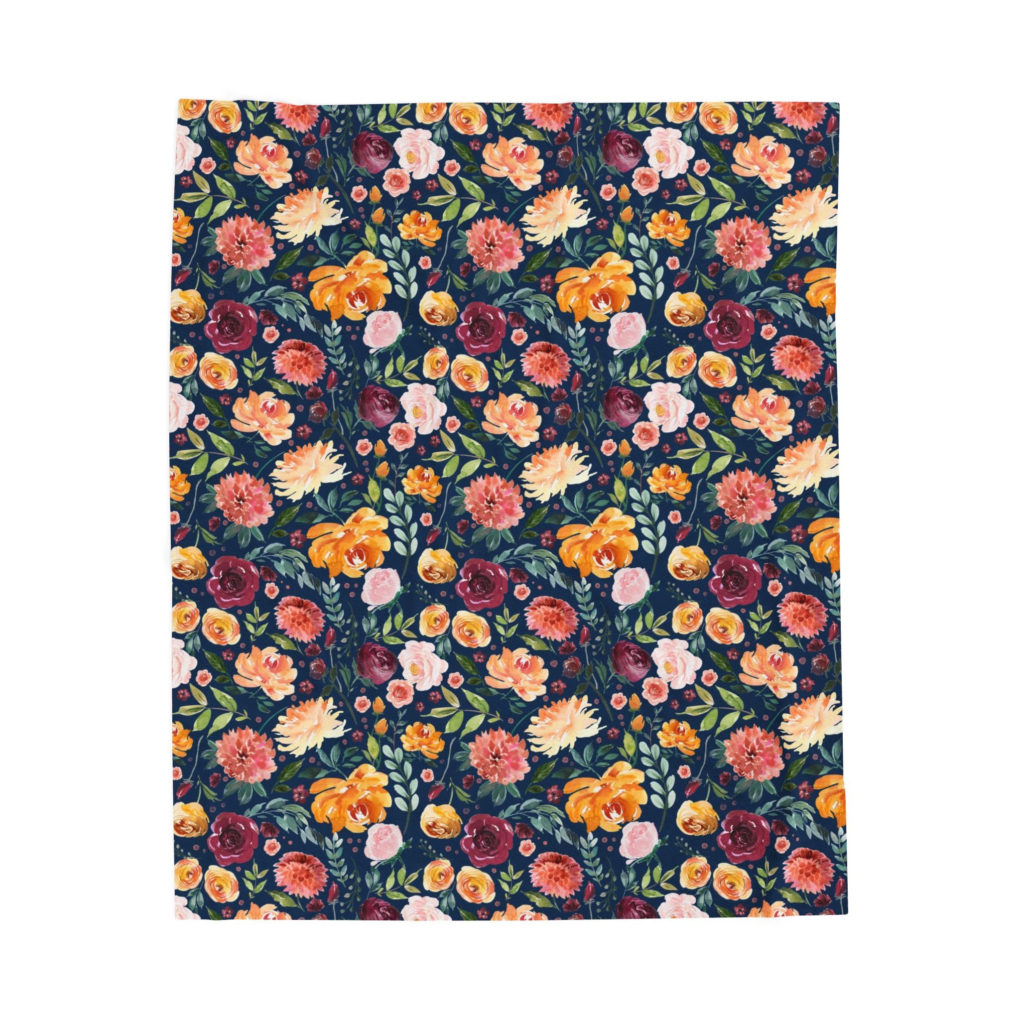 Floral patterned throw blanket with colorful flowers on a dark blue background 30x40 inch