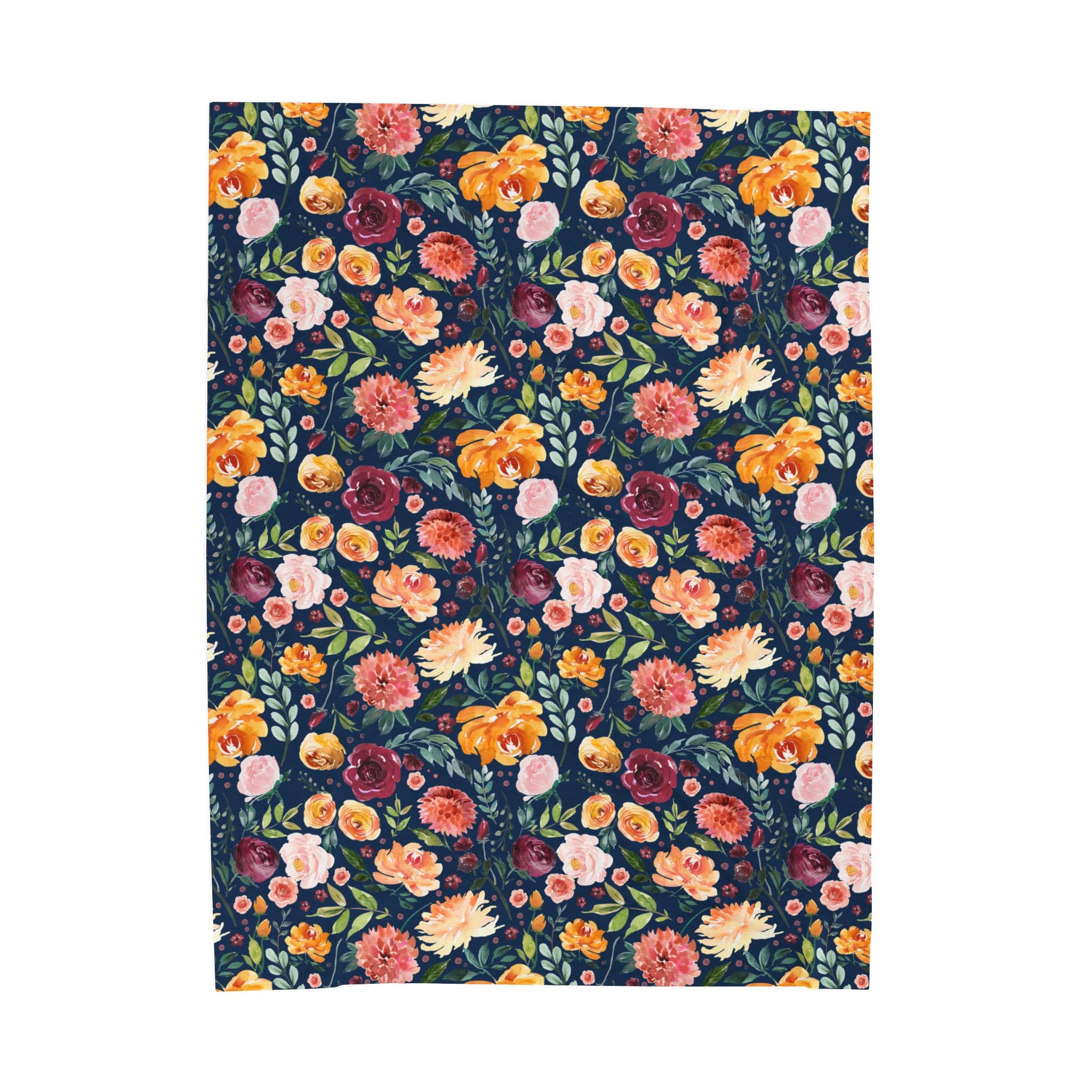 Floral patterned throw blanket with colorful flowers on a dark blue background. 50x60 inch
