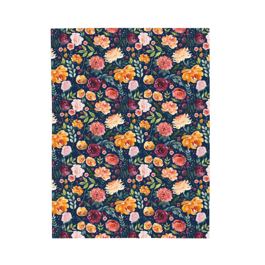Floral patterned throw blanket with colorful flowers on a dark blue background. 60x80 inch