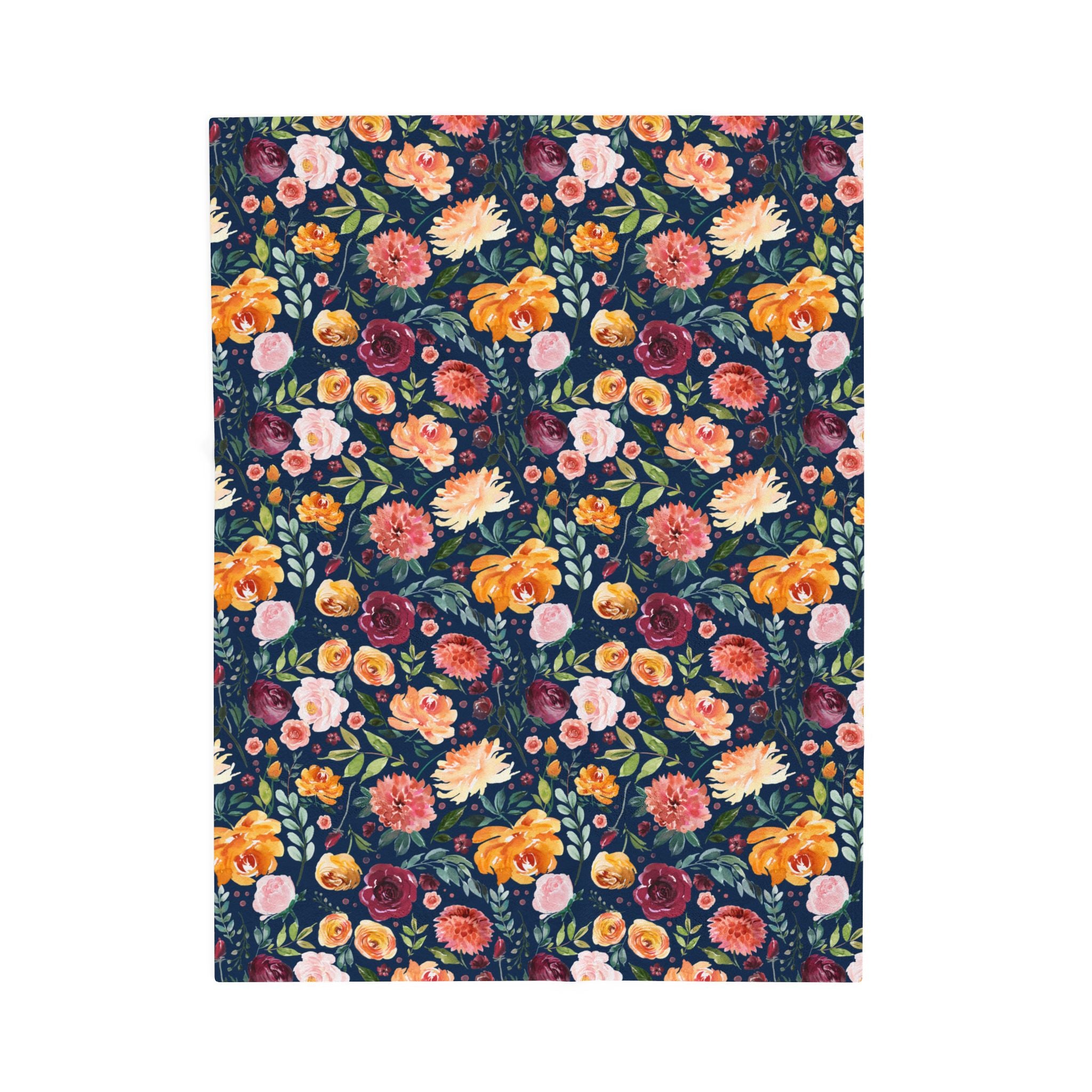 Floral patterned throw blanket with colorful flowers on a dark blue background. 60x80 inch