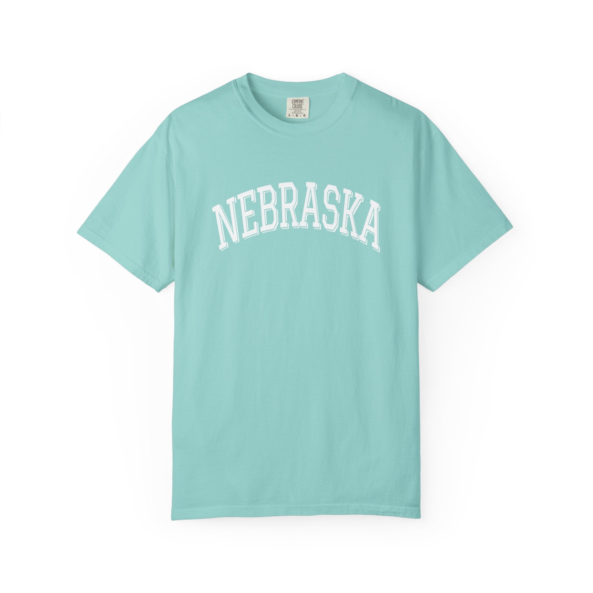 Chalky Mint t-shirt with 'NEBRASKA' printed on it against a white background