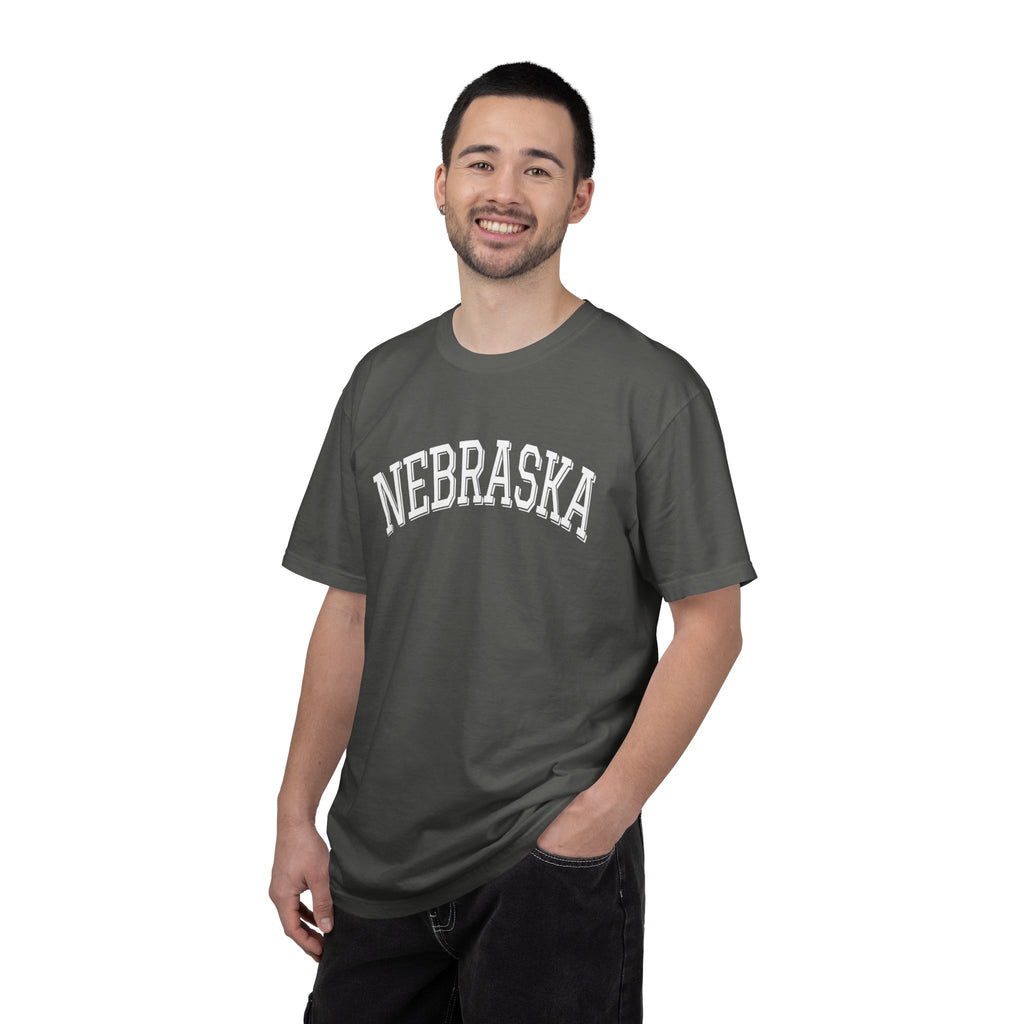 Guy wearing a Nebraska graphic shirt for casual everyday wear