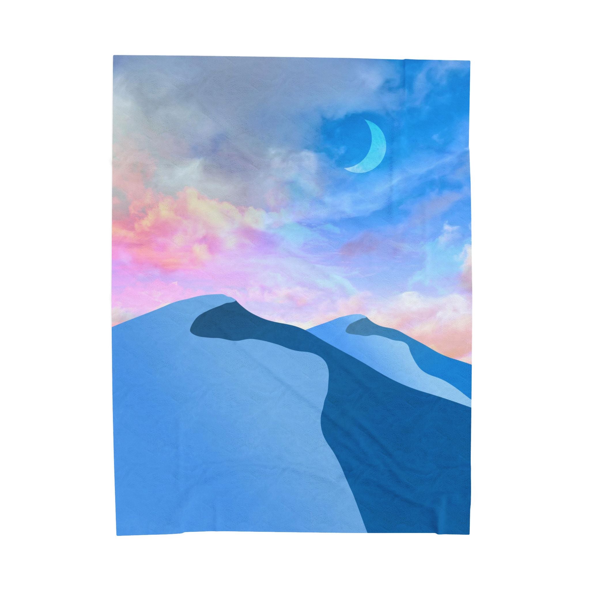 Surreal landscape with blue mountains and a crescent moon in a pastel sky.