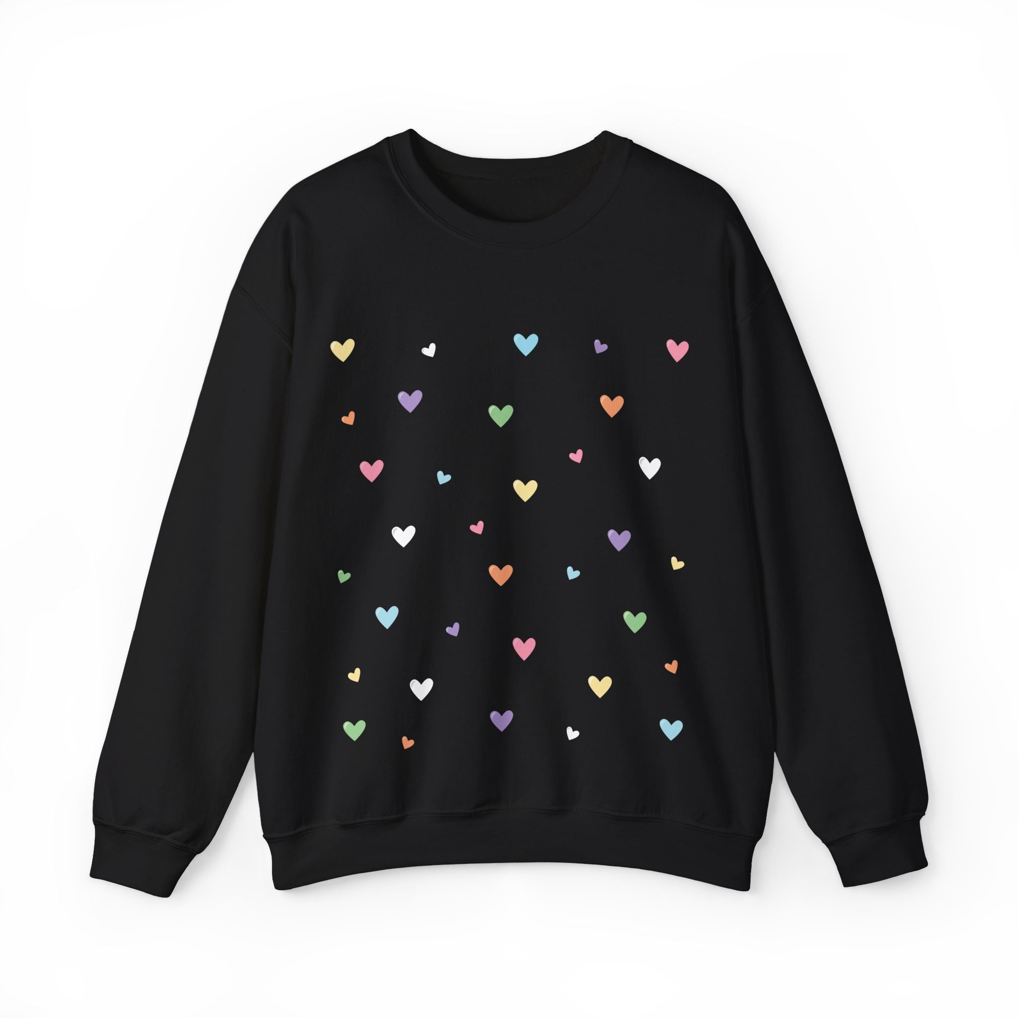 Black sweatshirt with colorful heart patterns on a white background