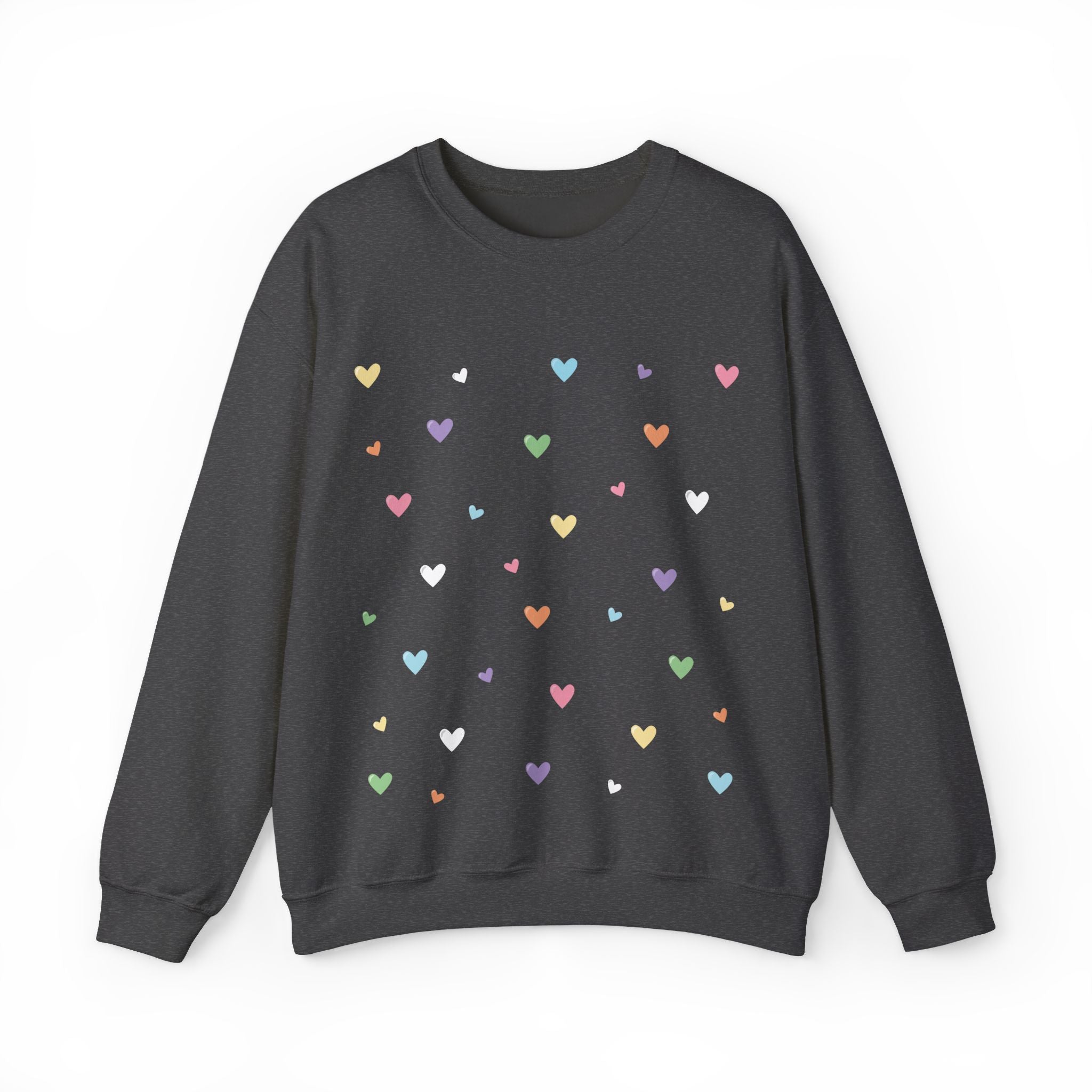 Dark heather sweatshirt with colorful pastel heart patterns on a white background