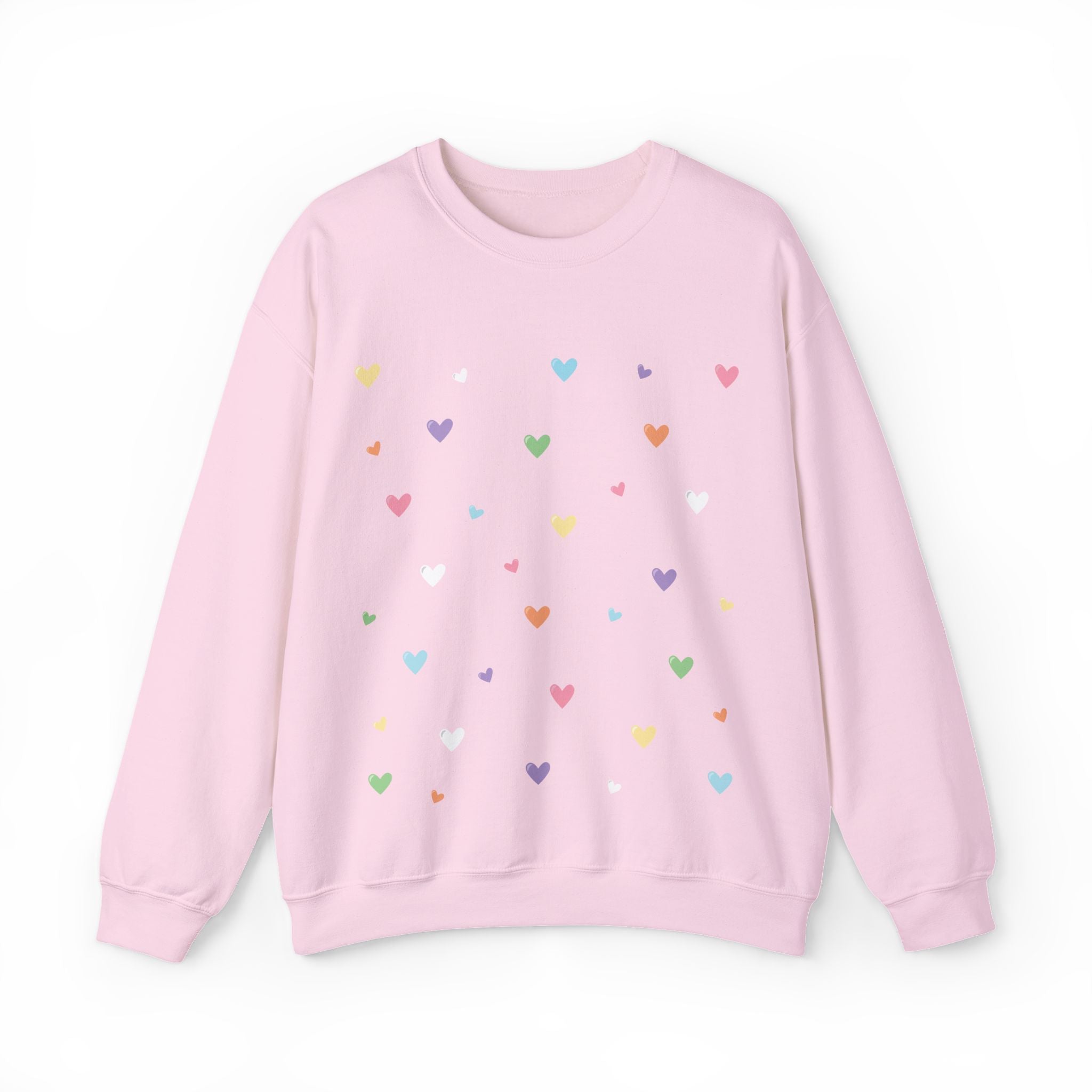 Light Pink sweatshirt with colorful pastel heart patterns on a white background