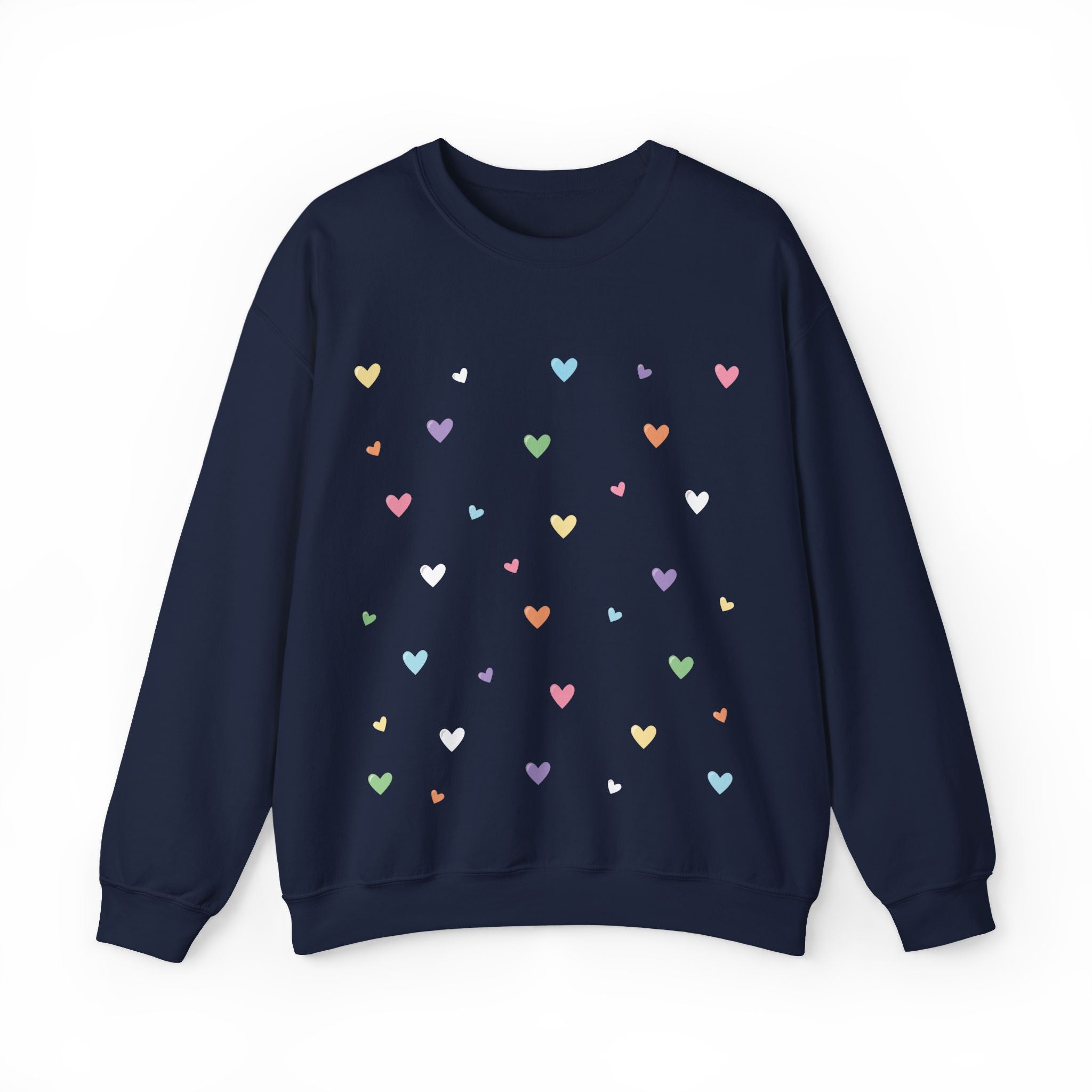 Navy blue sweatshirt with colorful heart patterns on a white background