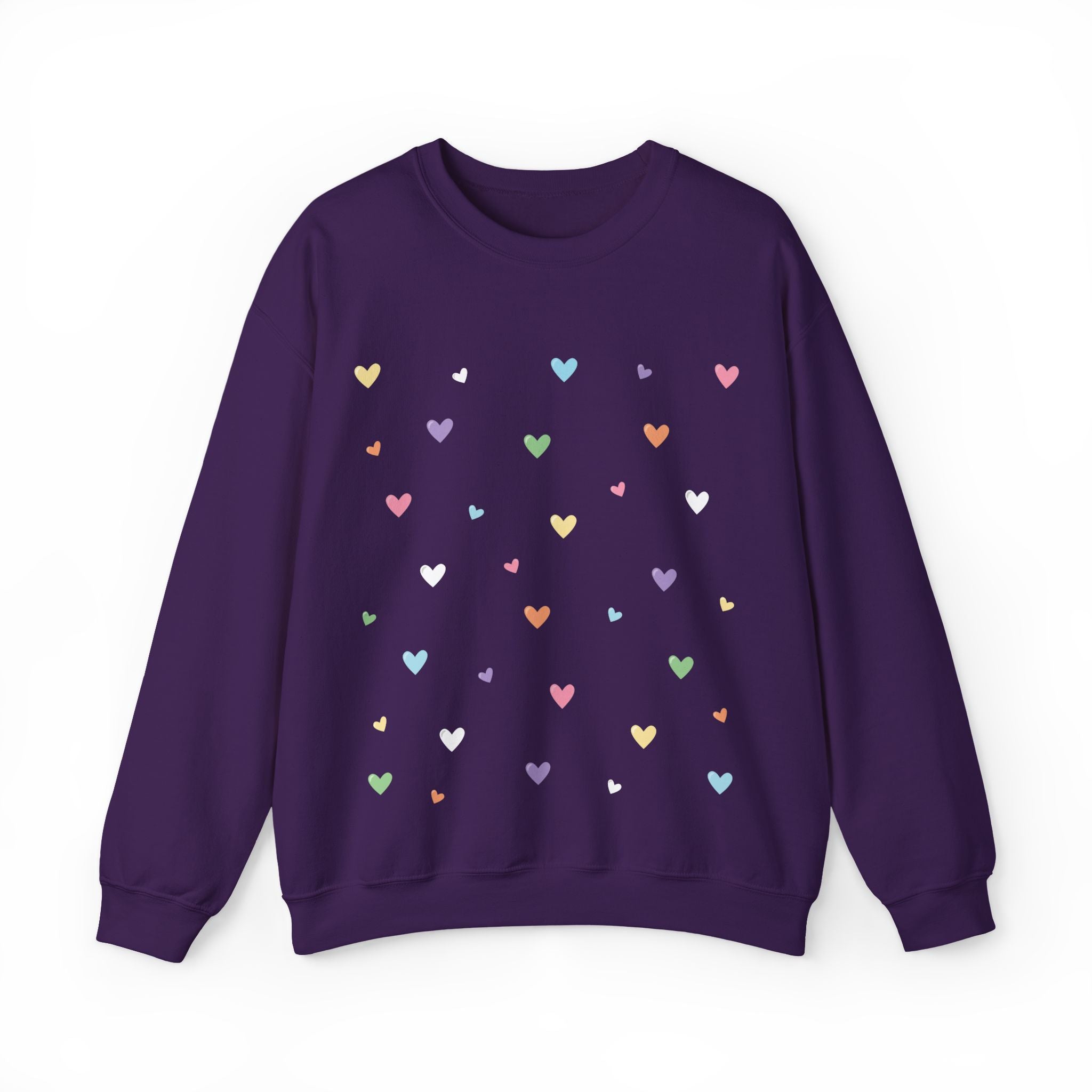 Cozy unisex purple sweatshirt with pastel heart pattern