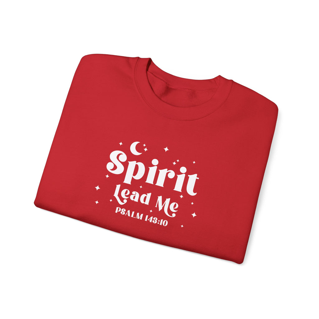 Folded red shirt with white text 'Spirit Lead Me Psalm 149:10' on a white background