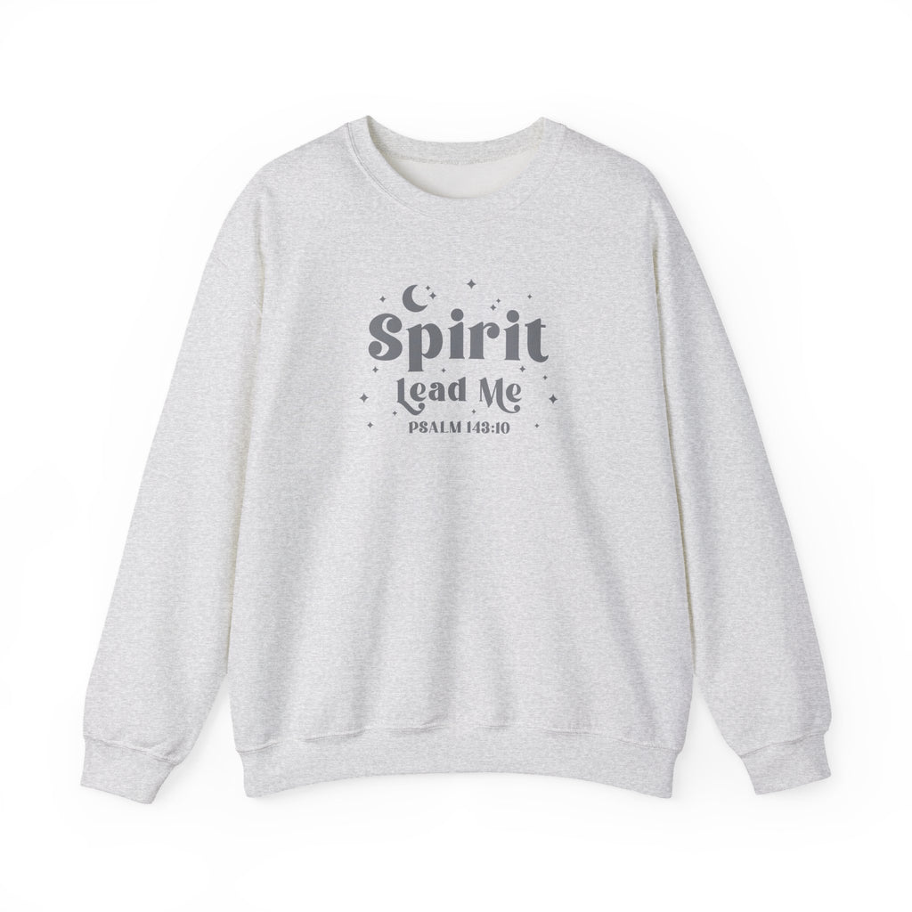 Gray sweatshirt with 'Spirit Lead Me' text on a white background