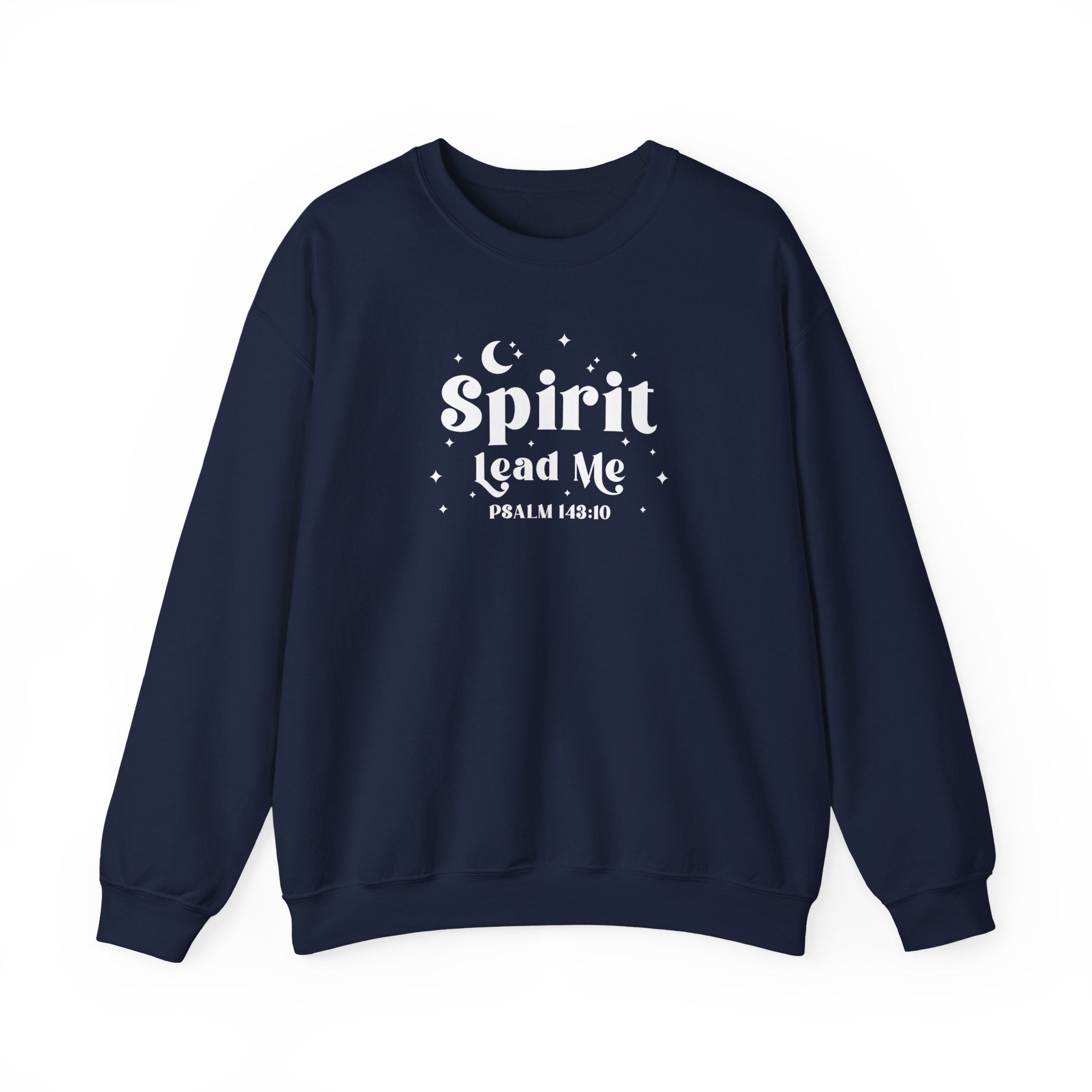 Navy blue sweatshirt with 'Spirit Lead Me' text on a white background