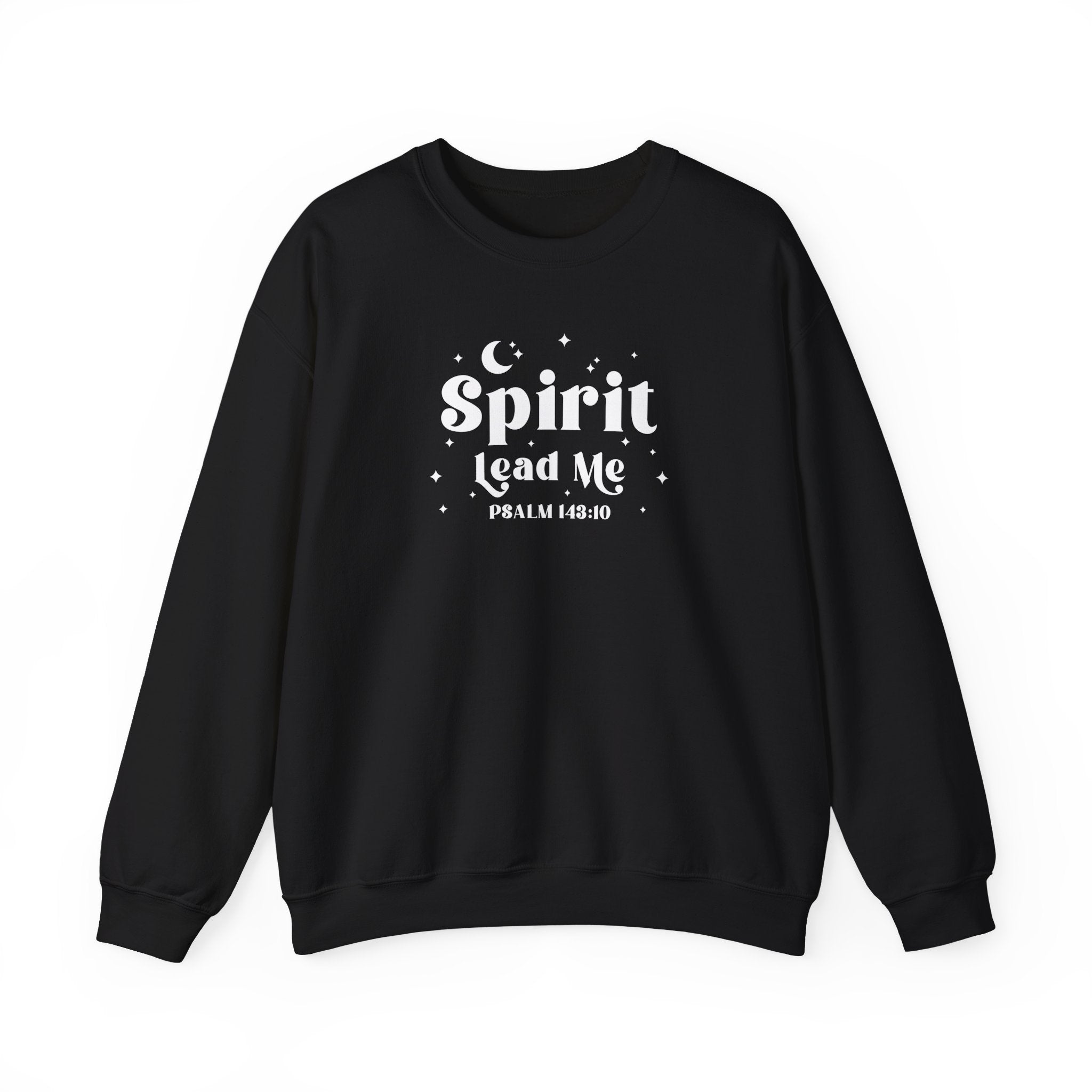 Black sweatshirt with 'Spirit Lead Me' text on a white background