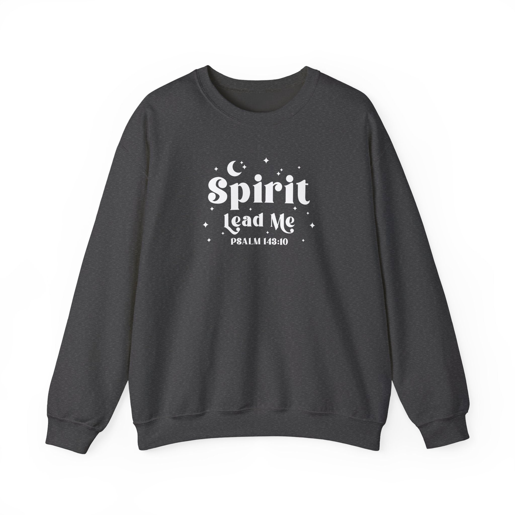 Heather gray sweatshirt with 'Spirit Lead Me' text on a white background