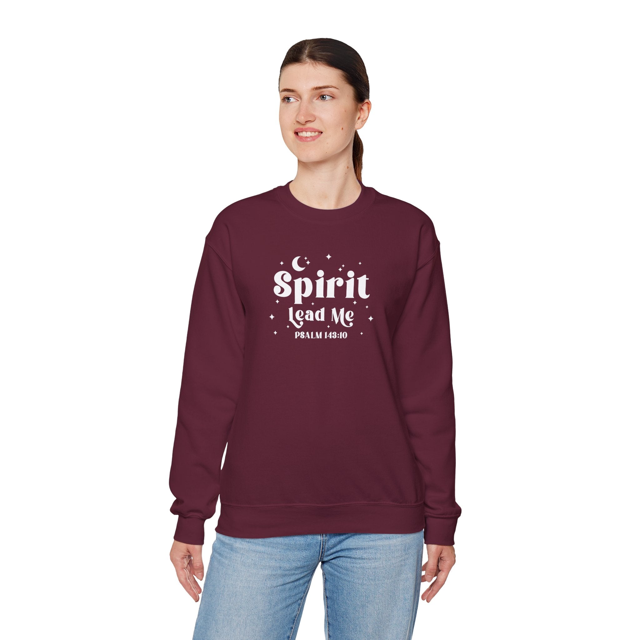 Person wearing a maroon sweatshirt with 'Spirit Led Me' text on a white background