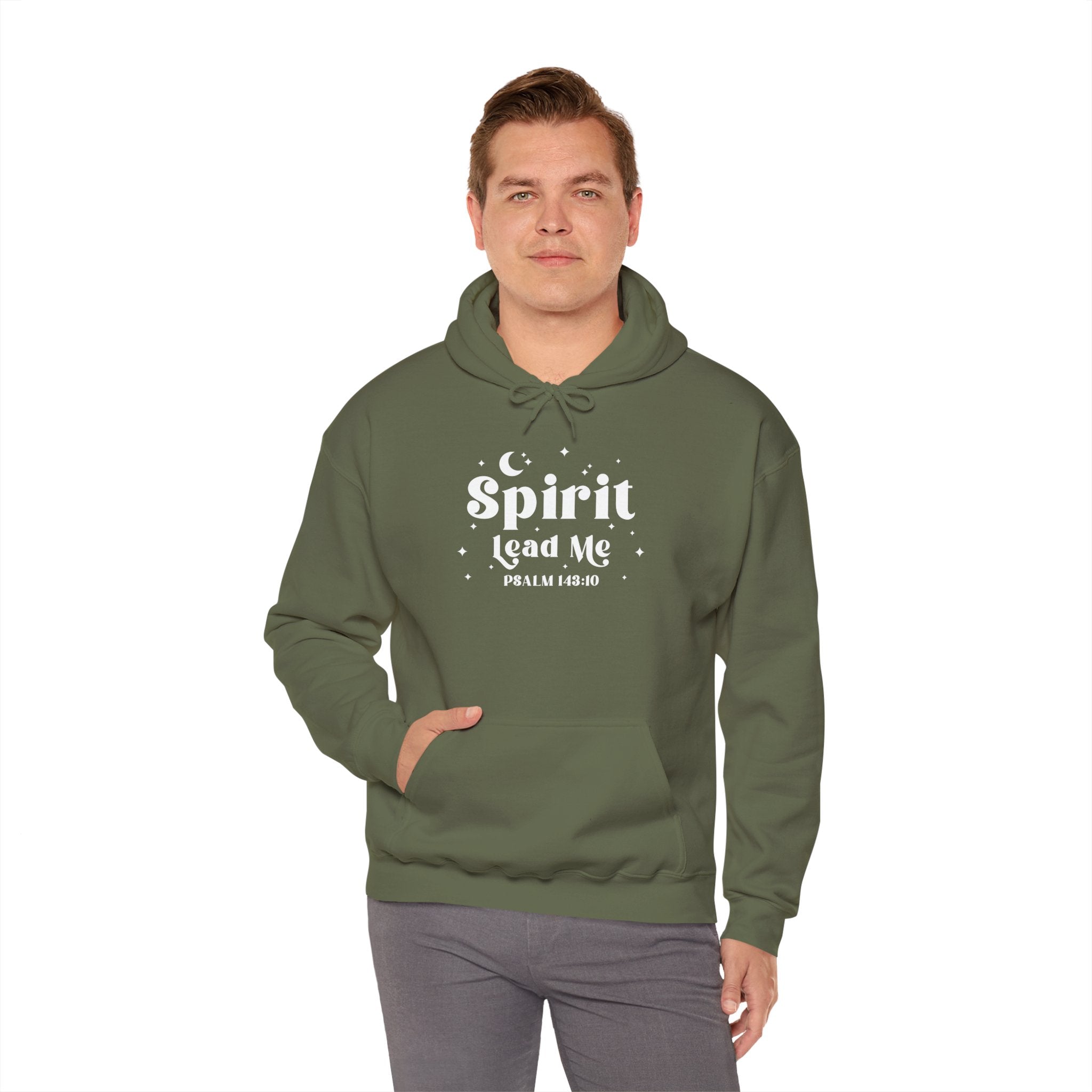 Person wearing a military green hoodie with 'Spirit Lead Me' text on a white background, Olive green hoodie, Bible verse hoodie