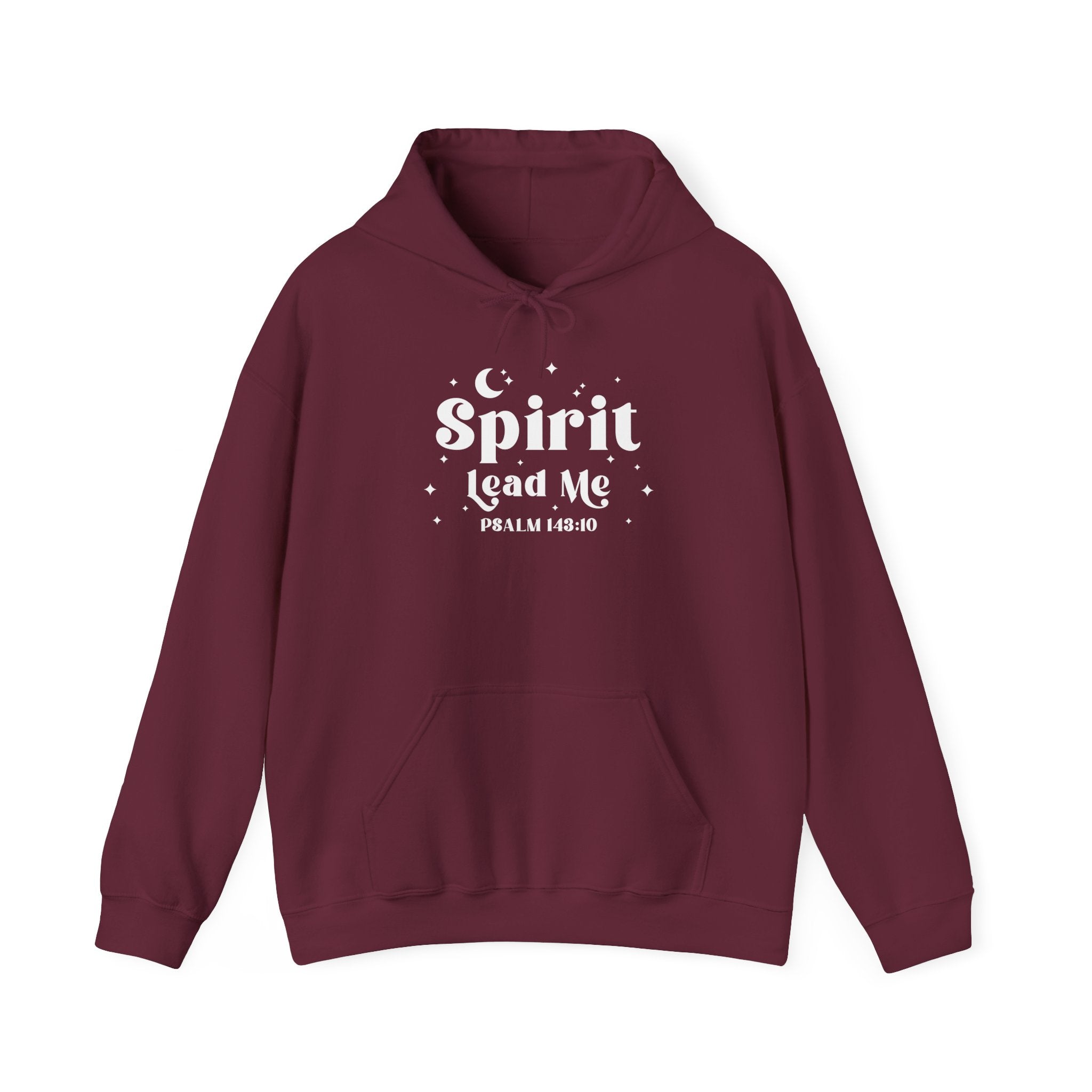 Maroon hoodie with 'Spirit Lead Me' text on a white background, Bible verse hoodie