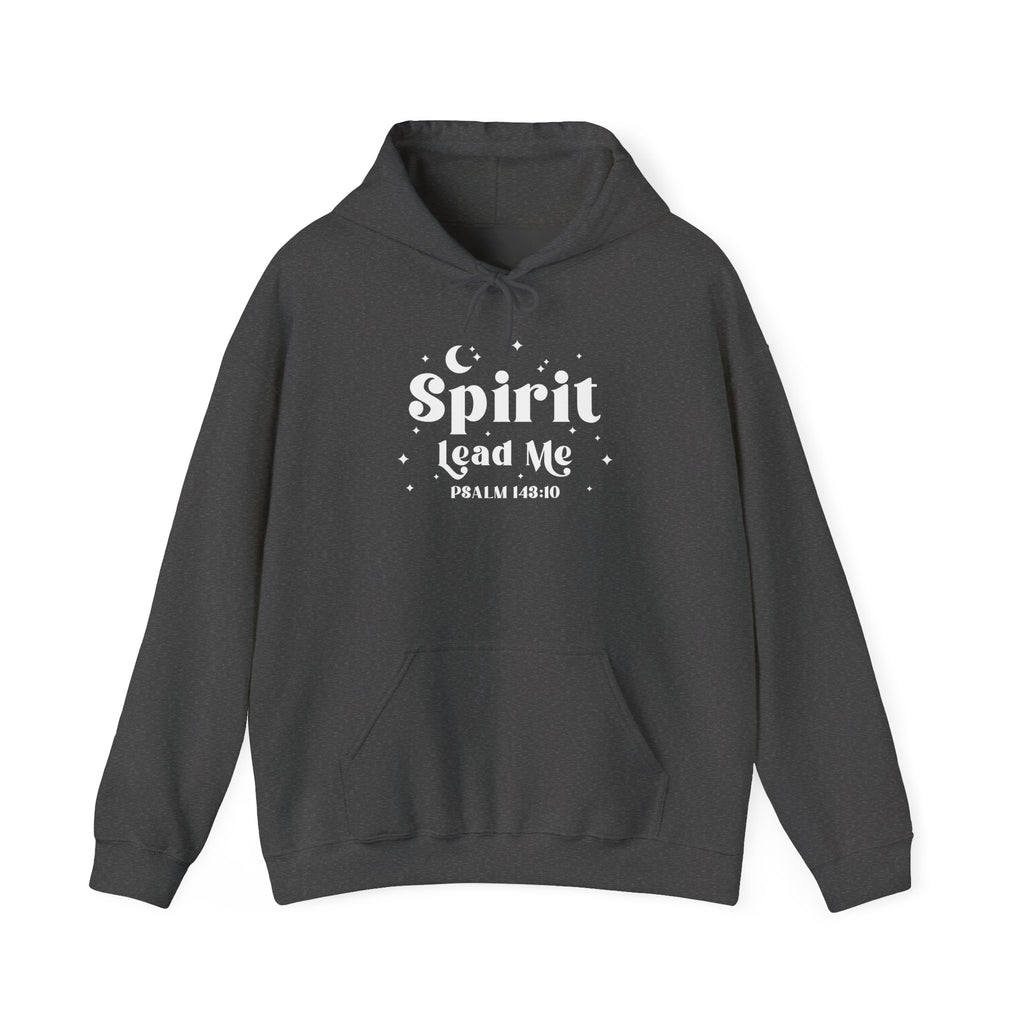 Heather gray hoodie with white text on a white background, "Spirit Lead Me" text on front surround by stars and a moon.