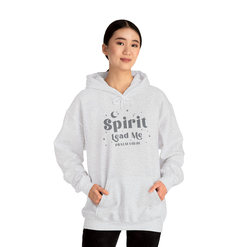 Person wearing an ash gray hoodie with 'Spirit Lead Me' text on a white background