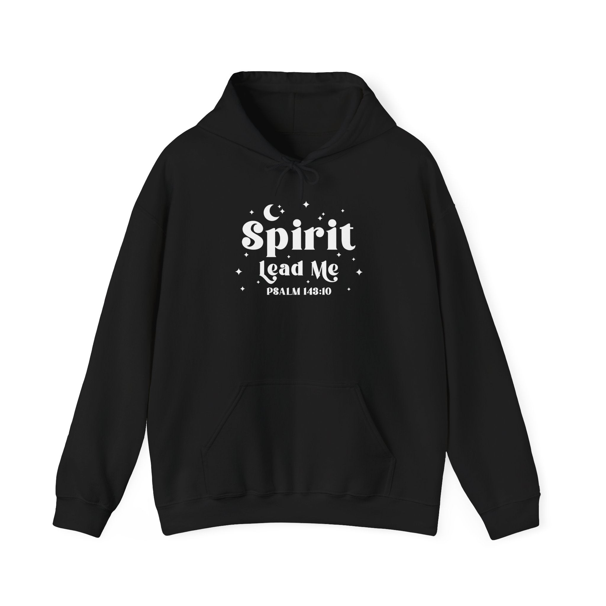 Black Christian hooded sweatshirt with “Spirit Lead Me – Psalm 143:10” NIV design featuring stars and a moon.
