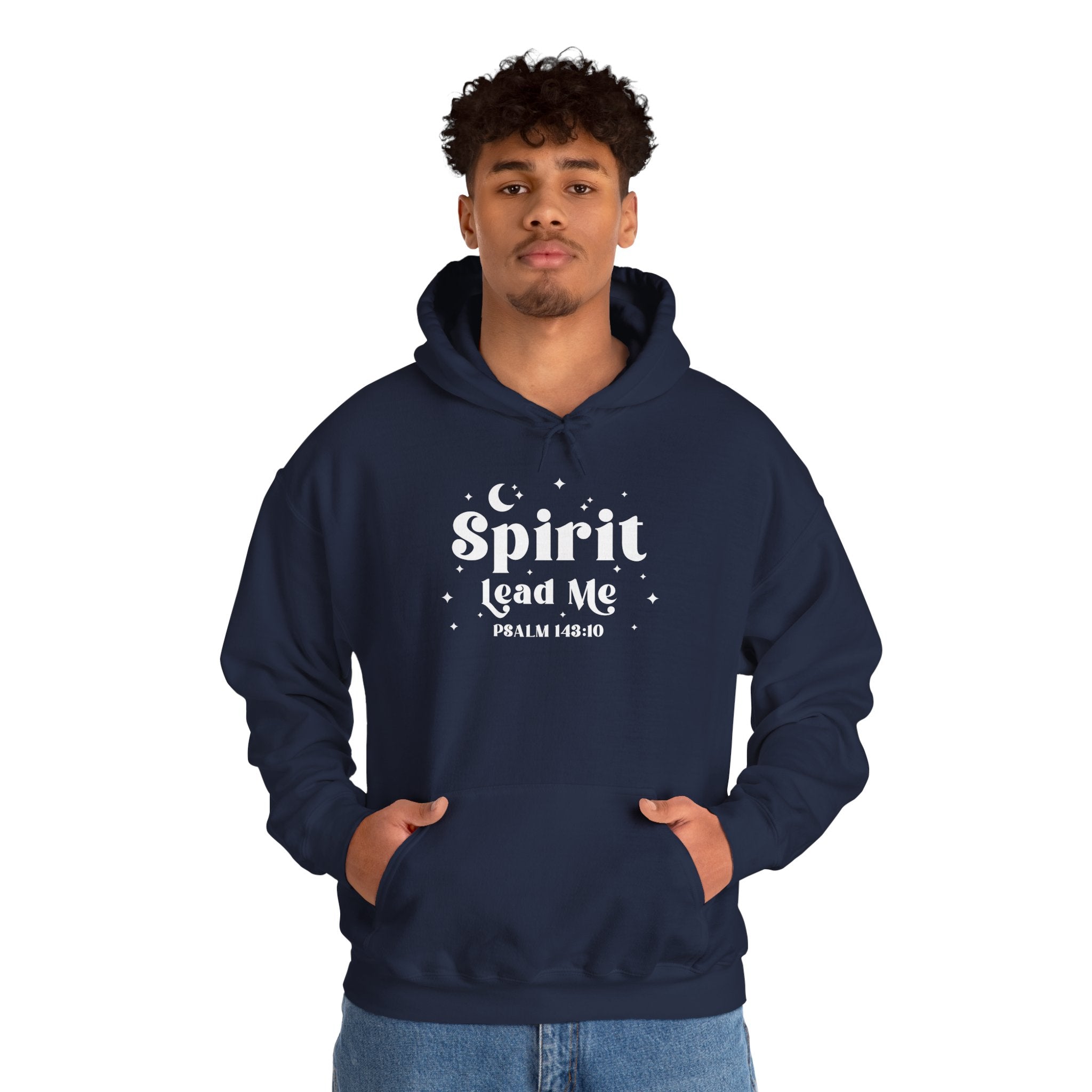 Person wearing a navy hoodie with 'Spirit Lead Me' text on a white background