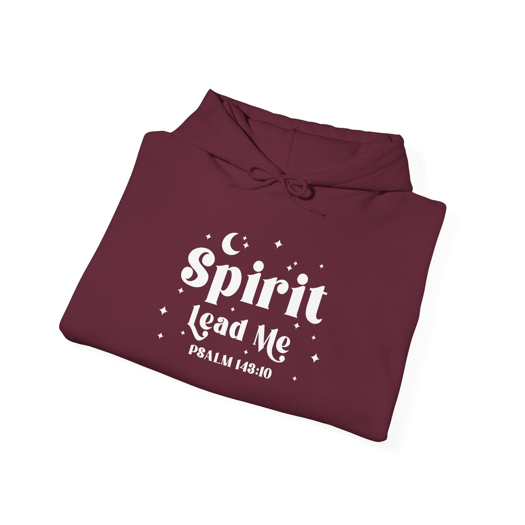 Folded maroon hoodie with white text on a white background