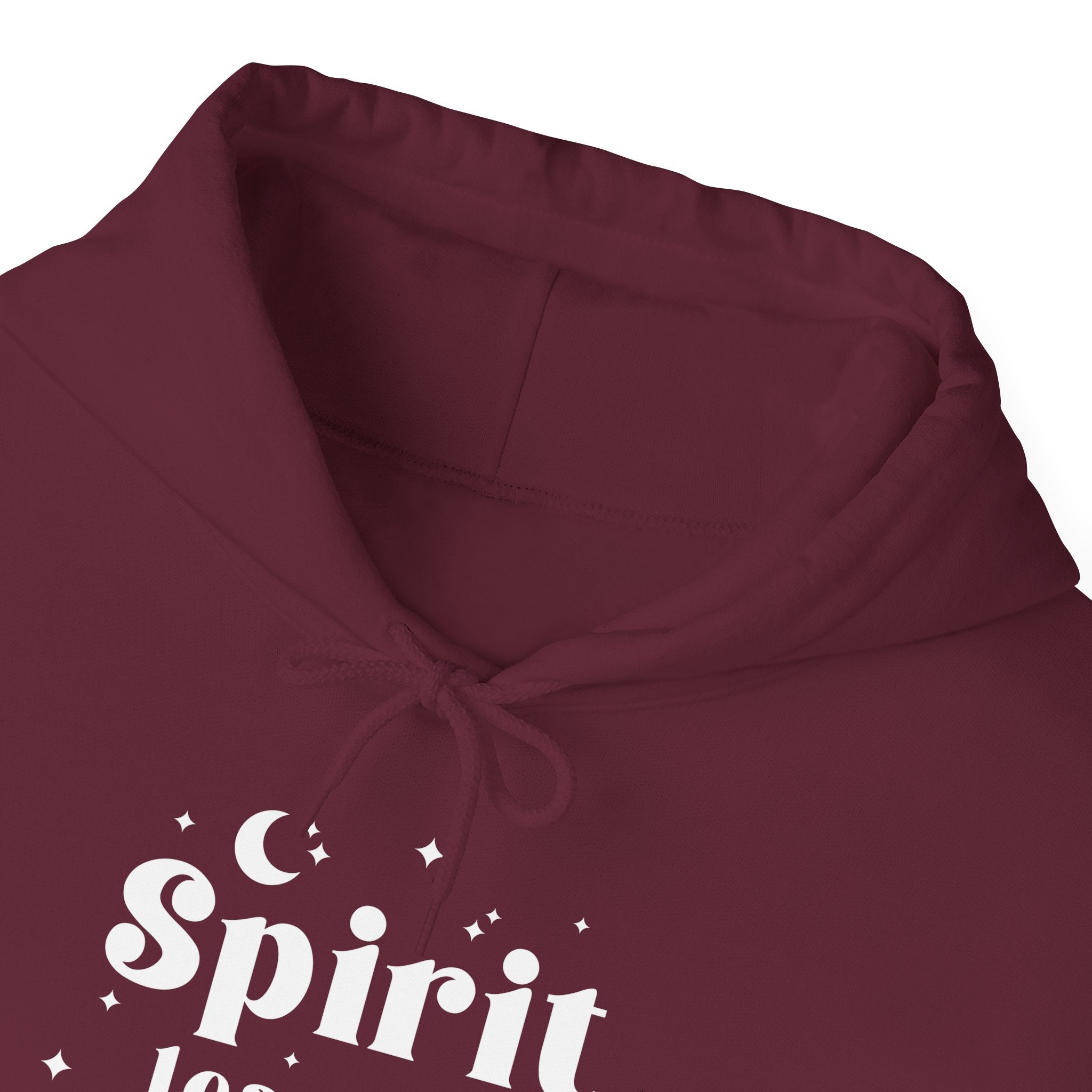 Close up Maroon hoodie with 'Spirit' text in white on a white background