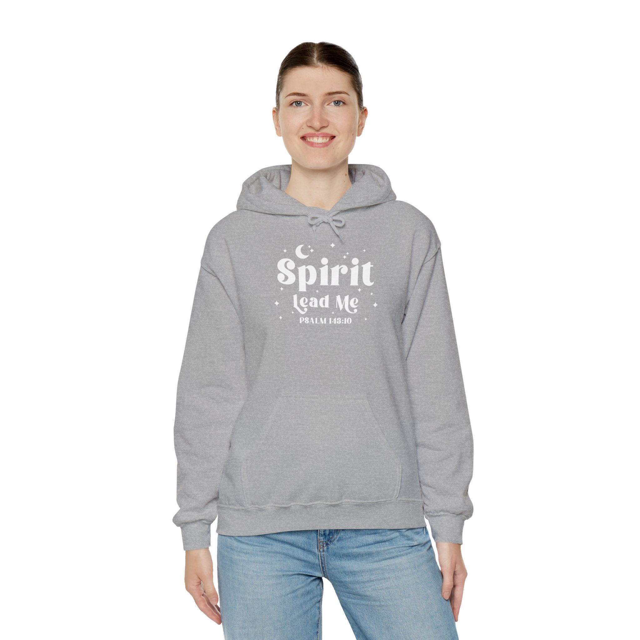 Person wearing a sport gray hoodie with 'Spirit Lead Me' text on a white background, bible verse hoodie, Psalm 143:10, Christian Hooded Sweatshirt
