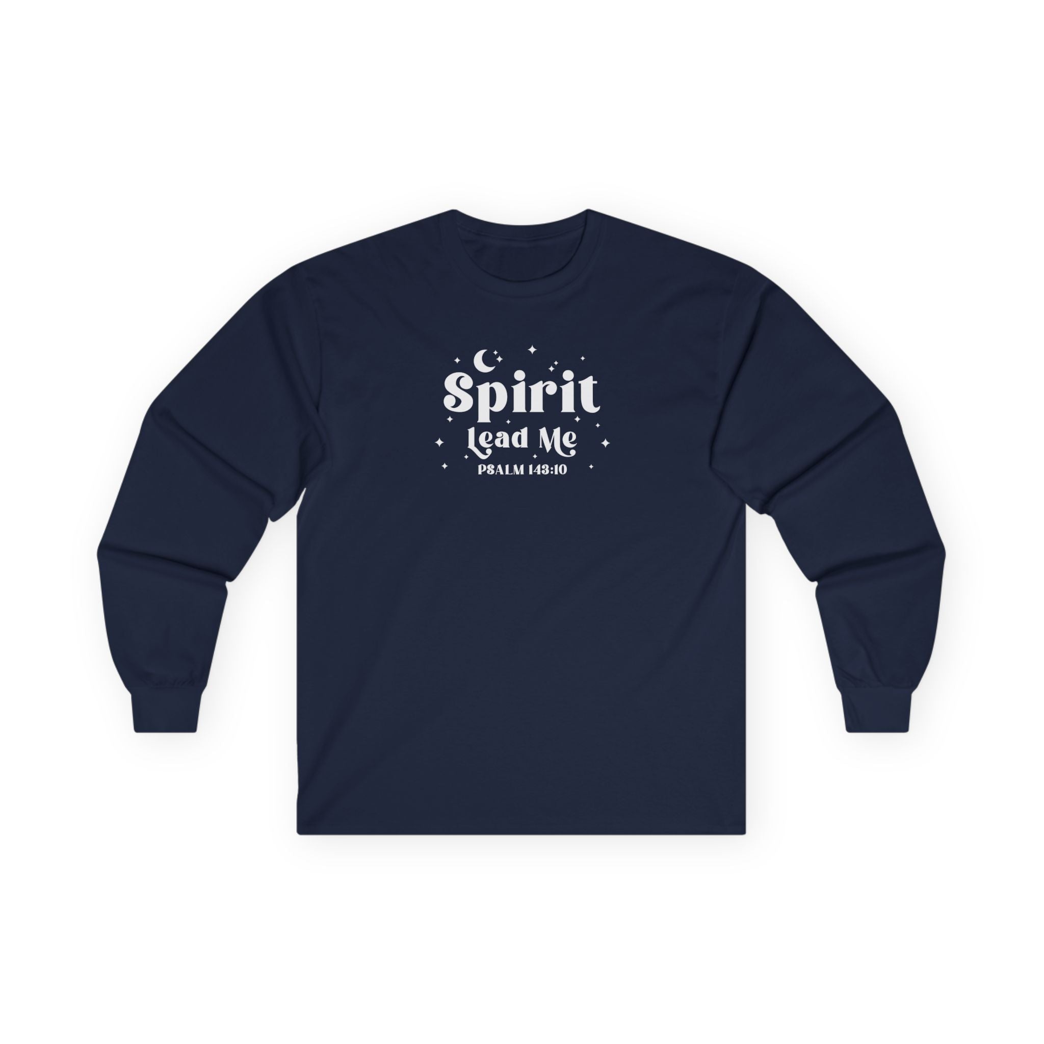 Navy long-sleeve shirt with white text "Spirit Lead Me" on a white background