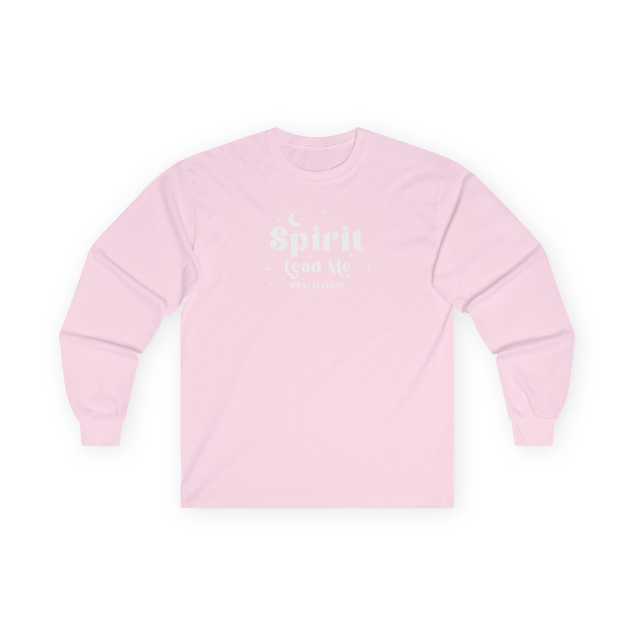 Light Pink sweatshirt with text "Spirit Lead Me" on a white background, Scripture Psalm 143:10