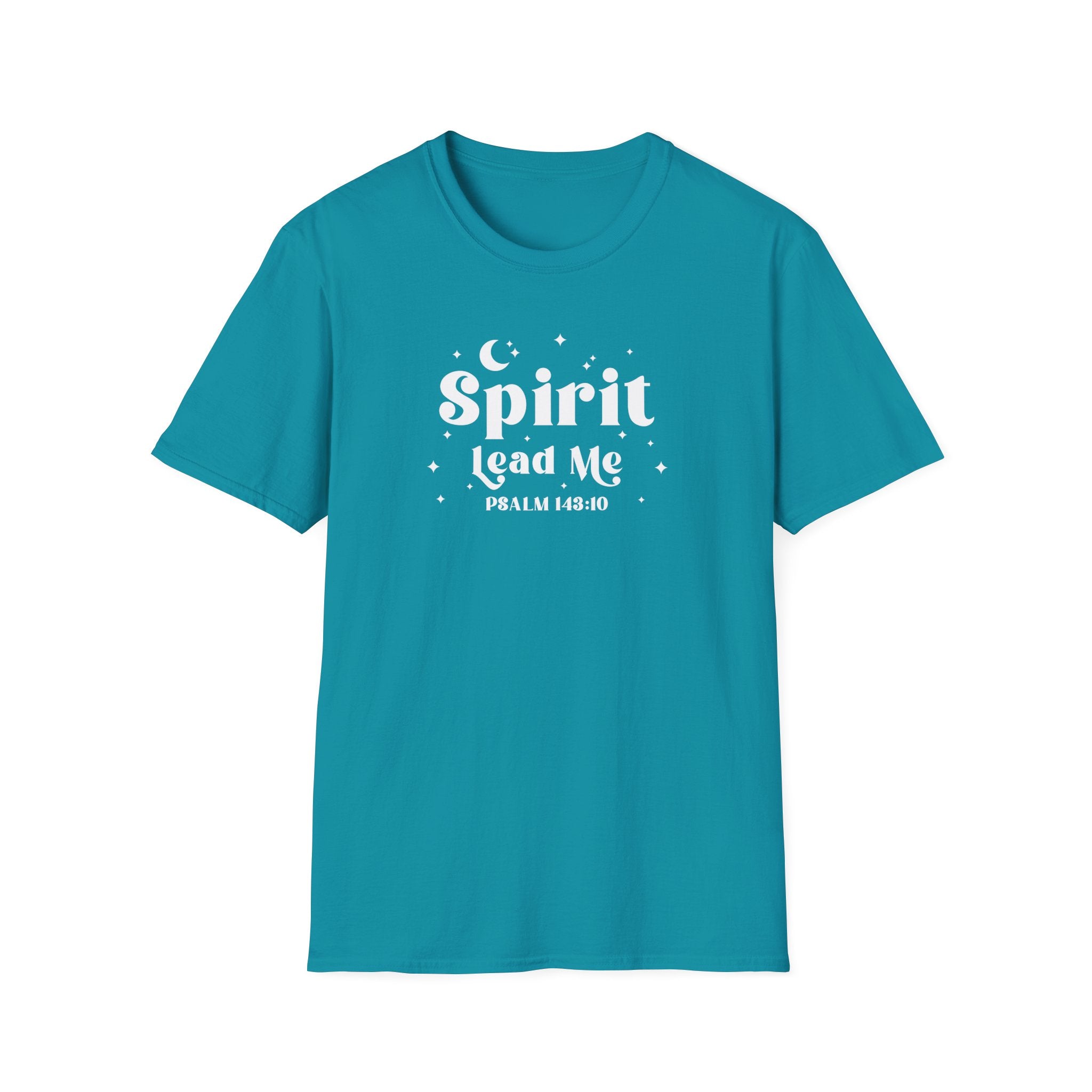 Christian short sleeve tee with “Spirit Lead Me – Psalm 143:10” NIV Scripture design on Softstyle fabric. Tropical  Blue shirt.