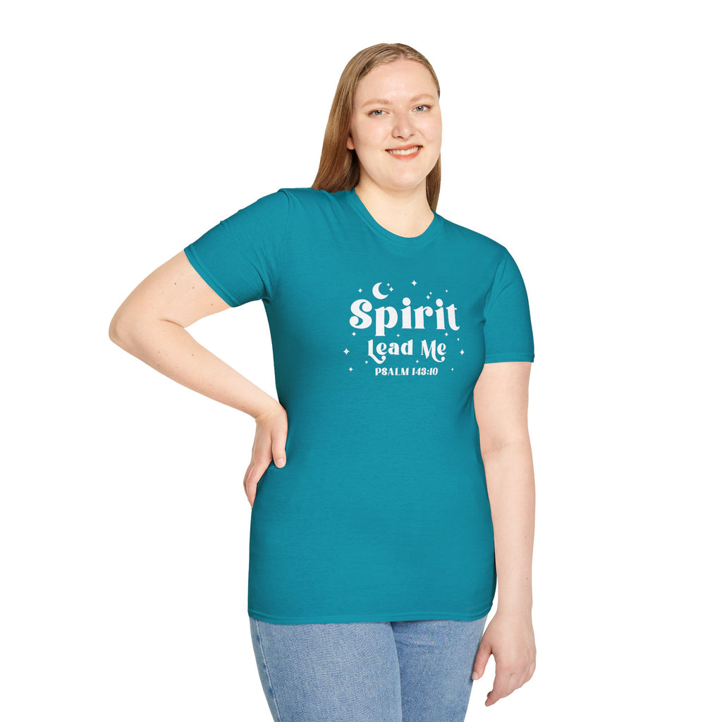 Person wearing a teal t-shirt with 'Spirit Lead Me' text on a white background