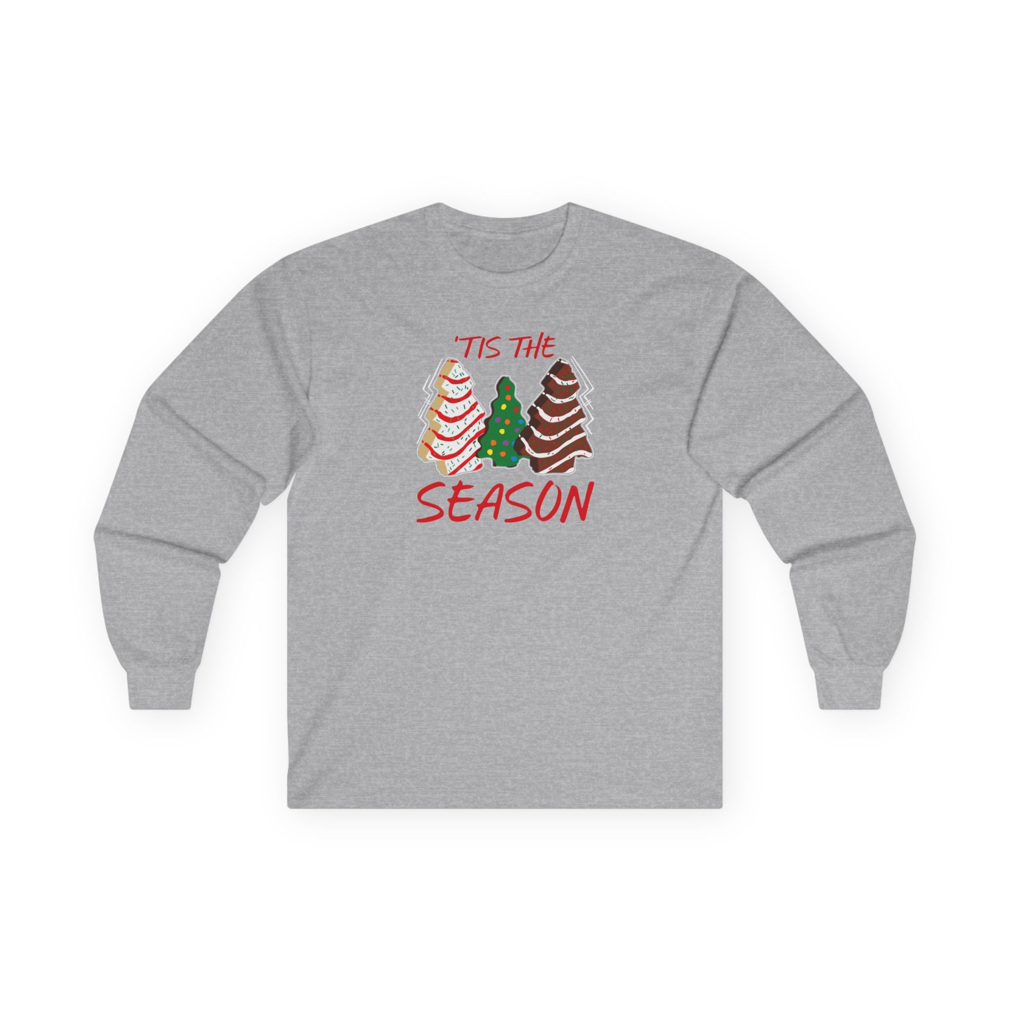 Gildan 2400 Sport Gray long-sleeve shirt with Christmas tree cakes design and 'Tis the Season text on a white background