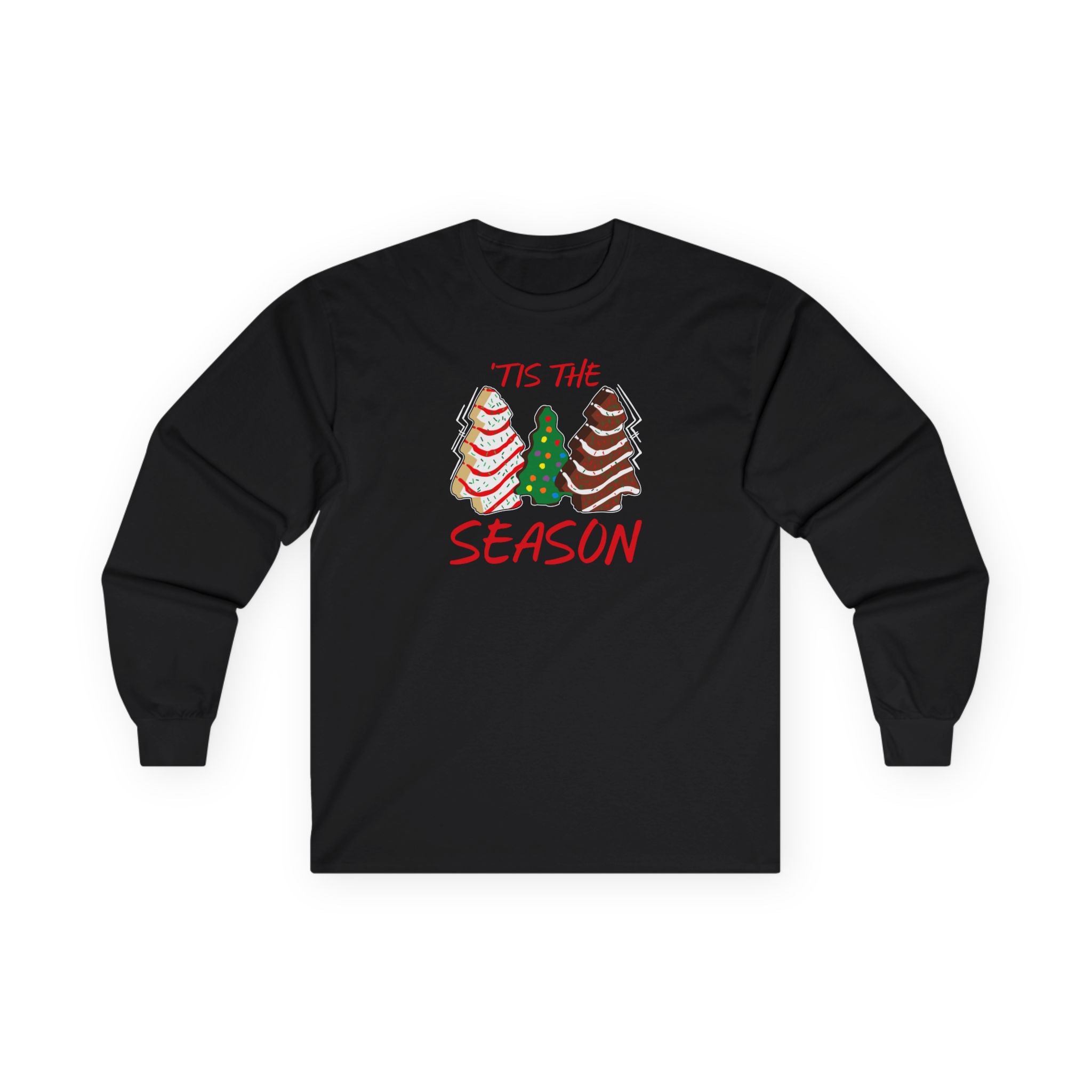 Black long sleeve Christmas shirt with three holiday snack trees and red festive lettering