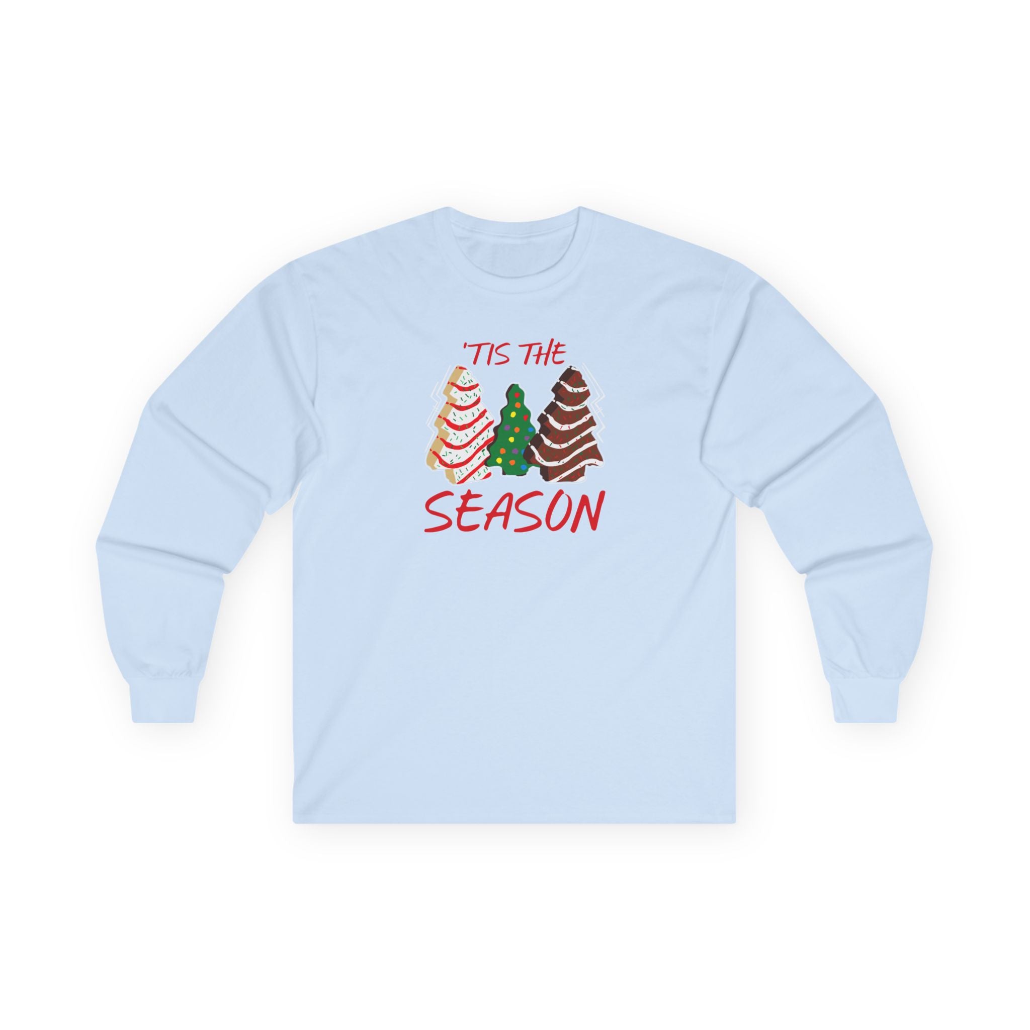 Light blue long-sleeve shirt with Christmas tree design and text on a white background