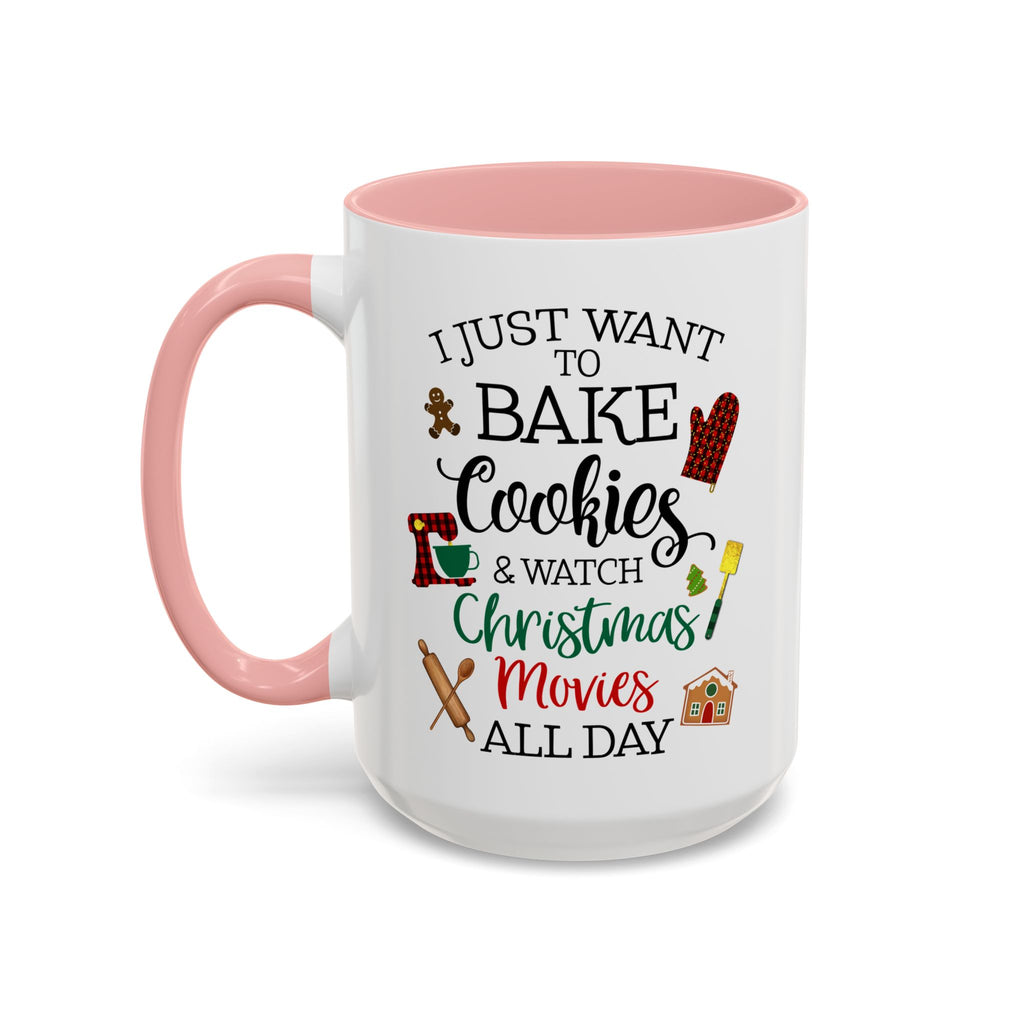 White mug with pink interior and handle, featuring text and graphics about baking cookies and watching Christmas movies.