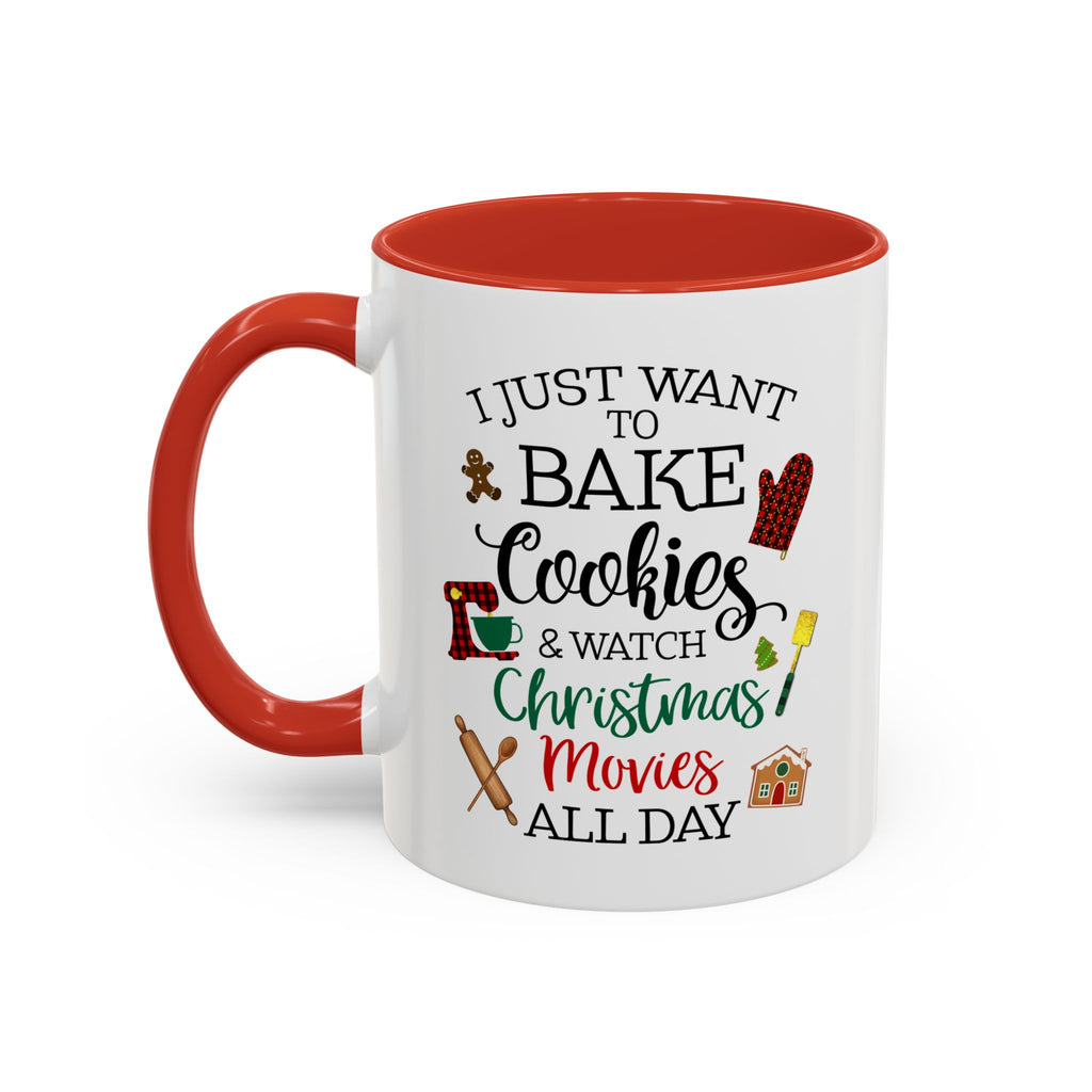 White mug with red interior and handle, featuring Christmas-themed text and graphics.